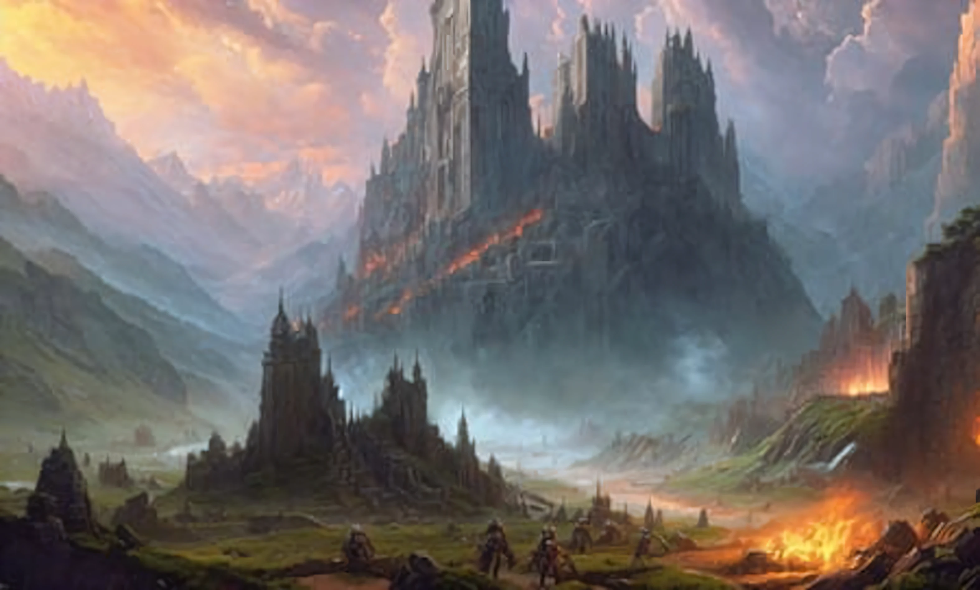 fortress made of rough-hewn stone and bristling with spikes, surrounded by a sea of tents and bonfires, hulking orcs and trolls gather to feast and battle. Keywords: formidable, barbaric, fierce, primal, dusk.
(award winning) (masterpiece:1.5)(best quality) (detailed) (8k) (HDR) (wallpaper) (dramatic lighting) (sharp focus)(PaintStyle4:0.7) (protogemb2:0.8)