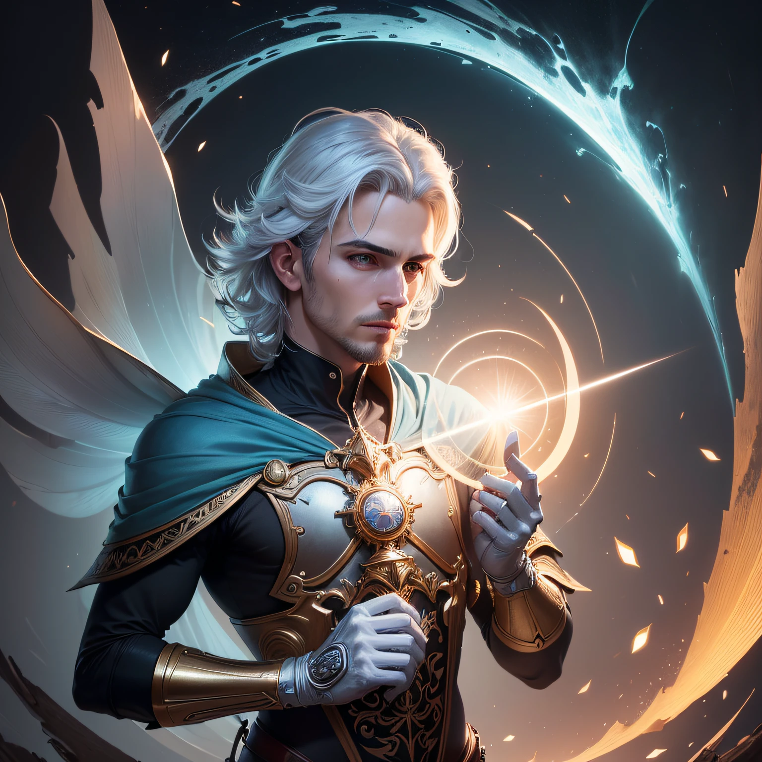 (melhor qualidade, obra-prima, Incredibly elaborate illustration, ultra-detalhada) ((extremamente detalhado CG unidade 8k papel de parede,master part, melhor qualidade, ultra-detalhado),(best ilumination, melhor sombra)(Pintura digital, obra-prima, alta qualidade, feita com cuidado, detalhes ultra detalhados: 1.3, magic lighting, profundidade de campo, Pinceladas delicadas, Fantastical Atmosphere, Ethereal aesthetics) Um Homem vestido de jaleco de cientista, um rosto feito de vido translucido, He's tinkering with equipment. --auto