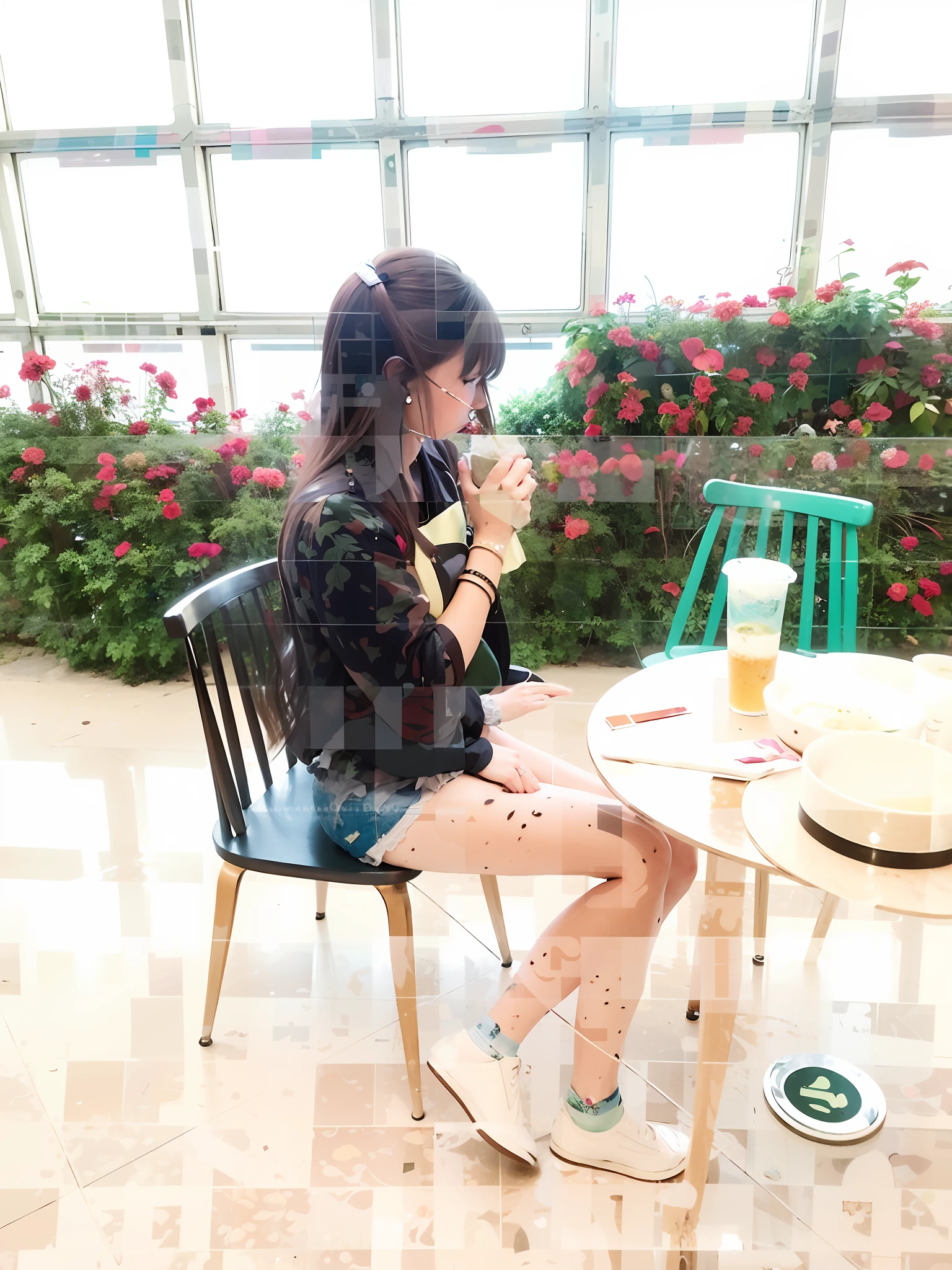 There was a woman sitting at a table eating a sandwich, ulzzangs, mysterious coffee shop girl, sitting alone in a cafe, sitting in a café, double exposure effect, Lomo effect, sitting with flowers, in a bright cafe, sitting alone in a cafe, exploitable image, post-proces), ((Supersaturation)), lomography photo effect