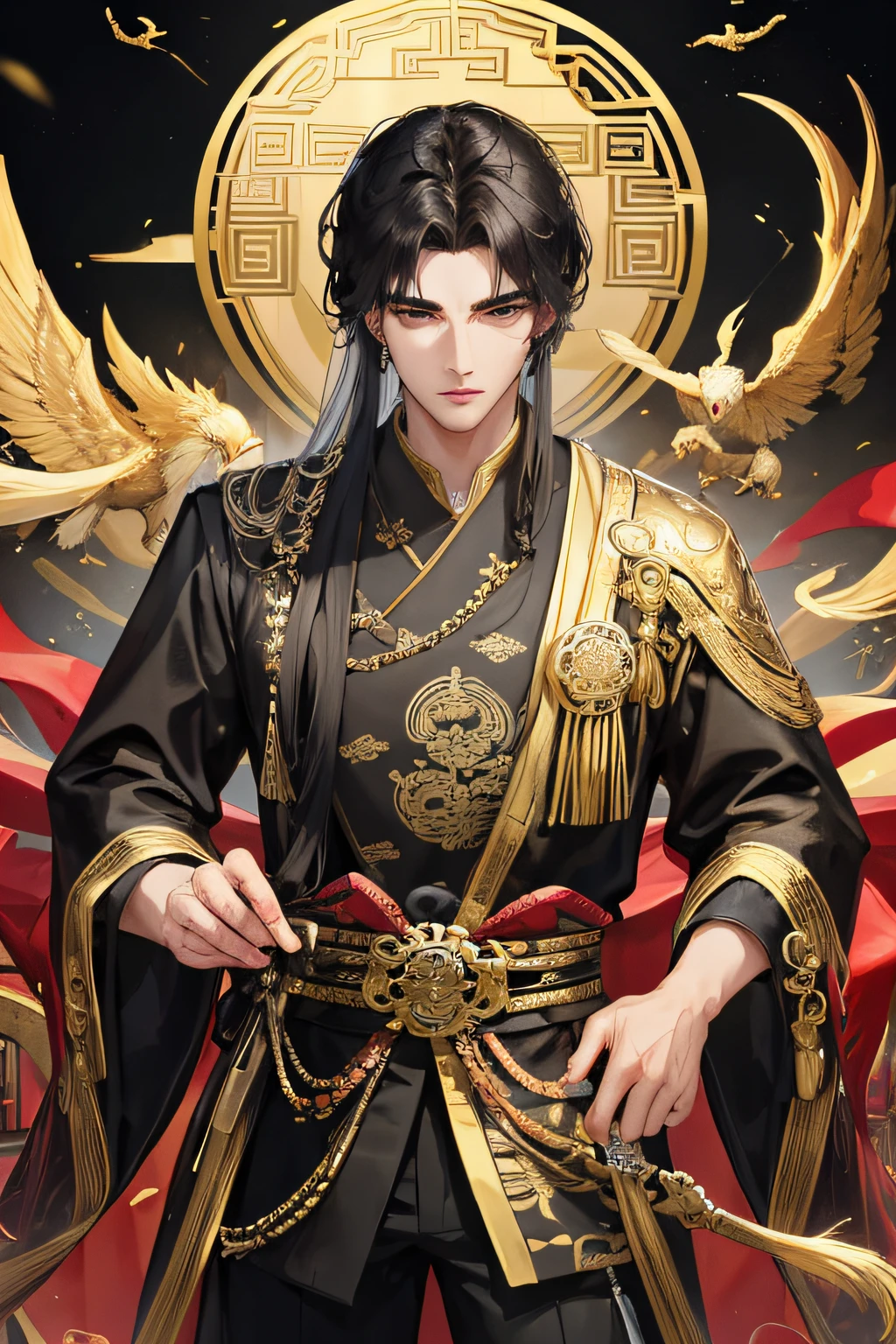Masterpiece, Best Quality, Night, Full Moon, 1 Man, Mature Man, Ancient China, Chinese Palace, Eagle, Black Hair, Black Eyes, Split Hair, Long Hair, Long Bangs, Handsome, Mian Diao, Chinese Crown, Handsome, Masculine, Serious, Gentle, Tall, Calm, Black and Gold Alternating Clothing, Gold Pattern, Dragon Pattern, Prince, Sword Pairing, Side, Facial Details, Facial Exquisite