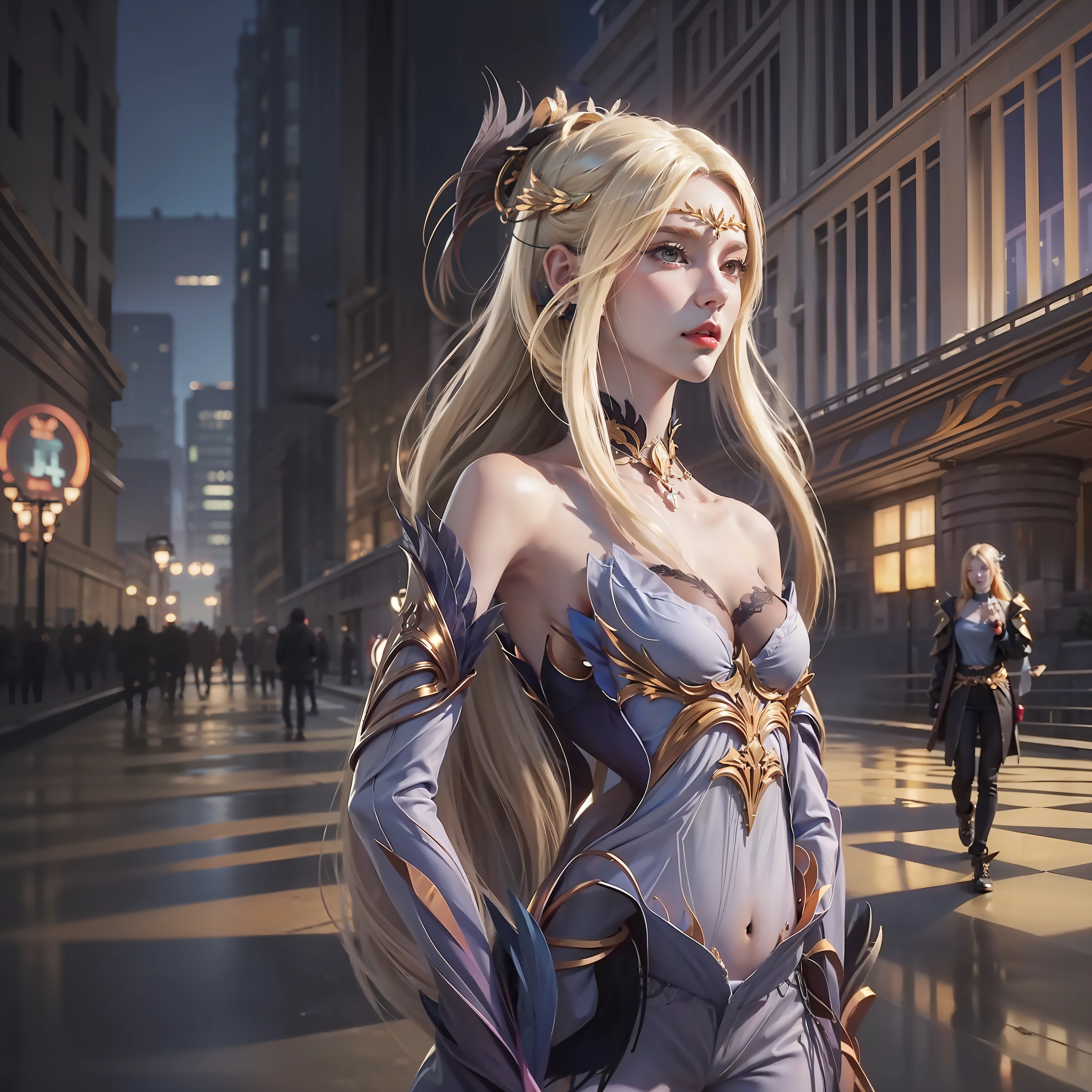 1girll,Hoodie,Blonde hair, Very long hair, cropped shoulders, feathers hair ornament, headphones around their necks, City,Night,Outdoors,8K high-definition ,Long legs