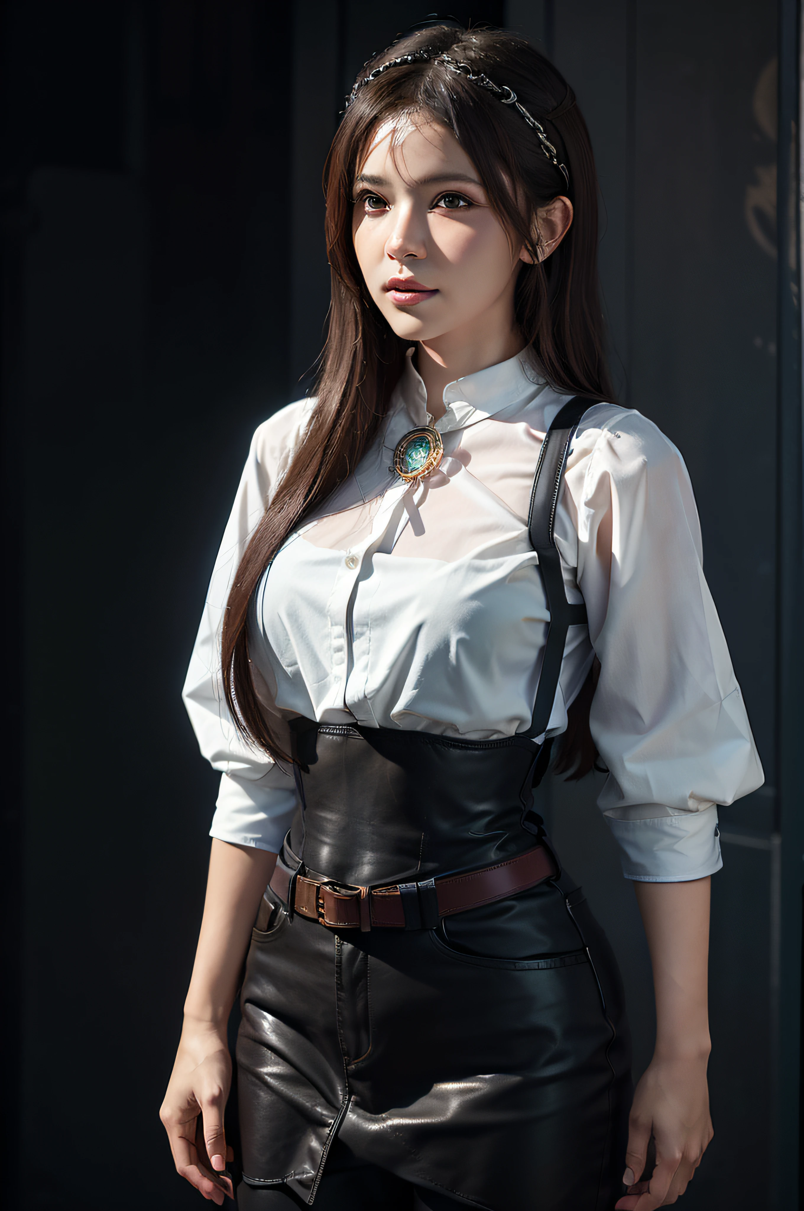 Hyperrealist portrait of female by david hockney and alphonse mucha,fantasy art, photo realistic, dynamic lighting, artstation, poster, volumetric lighting, very detailed faces, 4 k, award winning,, 1girl, in the dark, deep shadow, low key,cowboy shot,(official clothing:1.4) ,long hair,white hair,