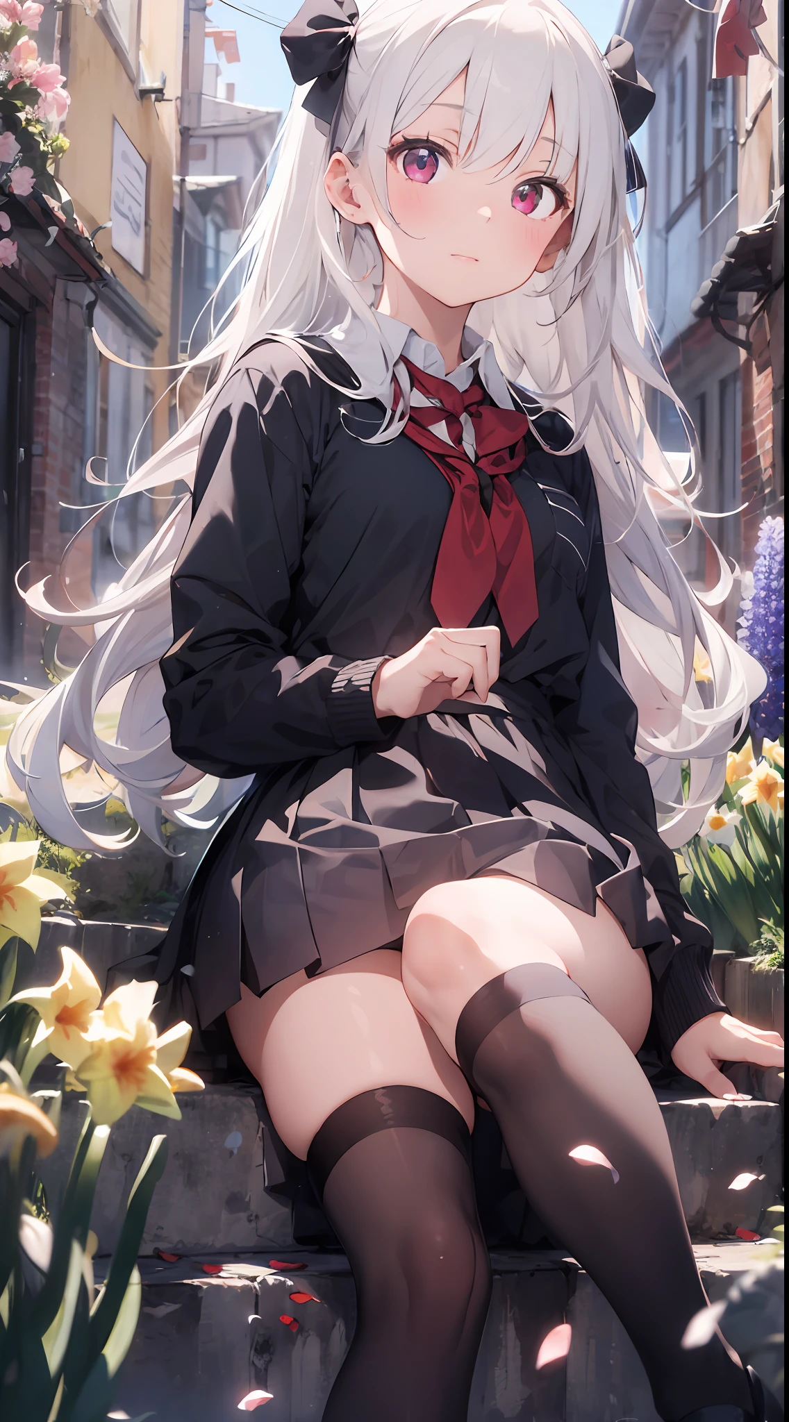 1girl, beautiful detailed eyes, long white hair, light red eyes, school uniform, high black stocking, vivid, flower, daffodil, hyacinth, falling petals, , high contrast, ((masterpiece, best quality)), cinematic light, cinematic composition