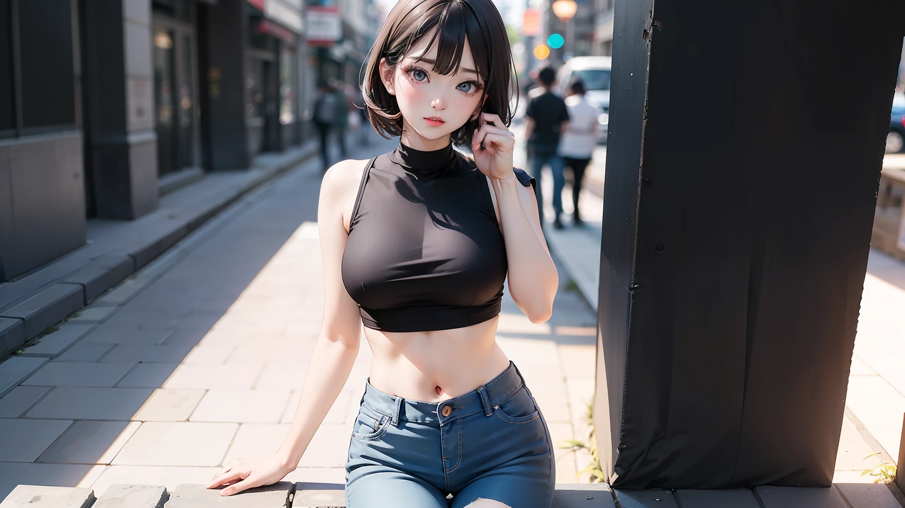 Perfect model，underdressing，shorter pants，black in color，cleanness，a sexy pose，Ultra-clear photos，Low light and shadows，with black background，16：9，pretty eyes，
