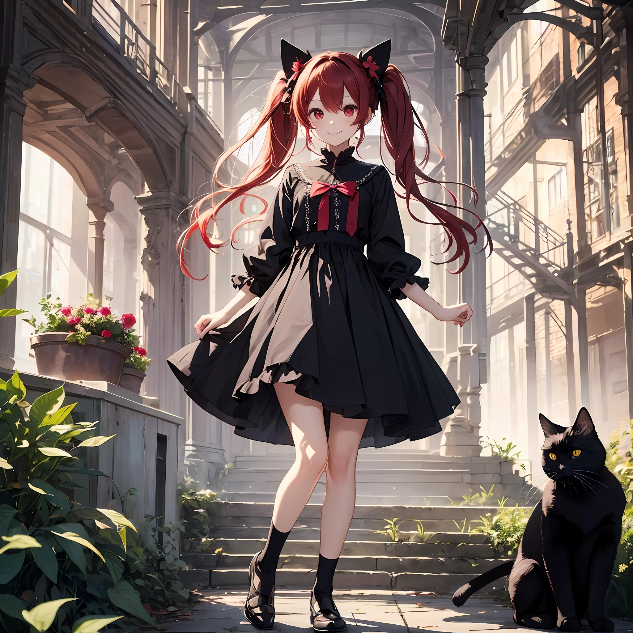 Anime filling,Two-dimensional illustration,Red hair,Half Twin Tail,shorth hair,Big eyes,A smile,a beauty girl,cute little,Super Cute,Black cat ears,Red Eyes,Ruffled Clothes,Black lace clothes,Inner colorGreen,One girl,Full body painting,A masterpiece of 2D art,(​masterpiece,Top image quality:1.3),(detaile:1.2),(女の子1人) --auto
