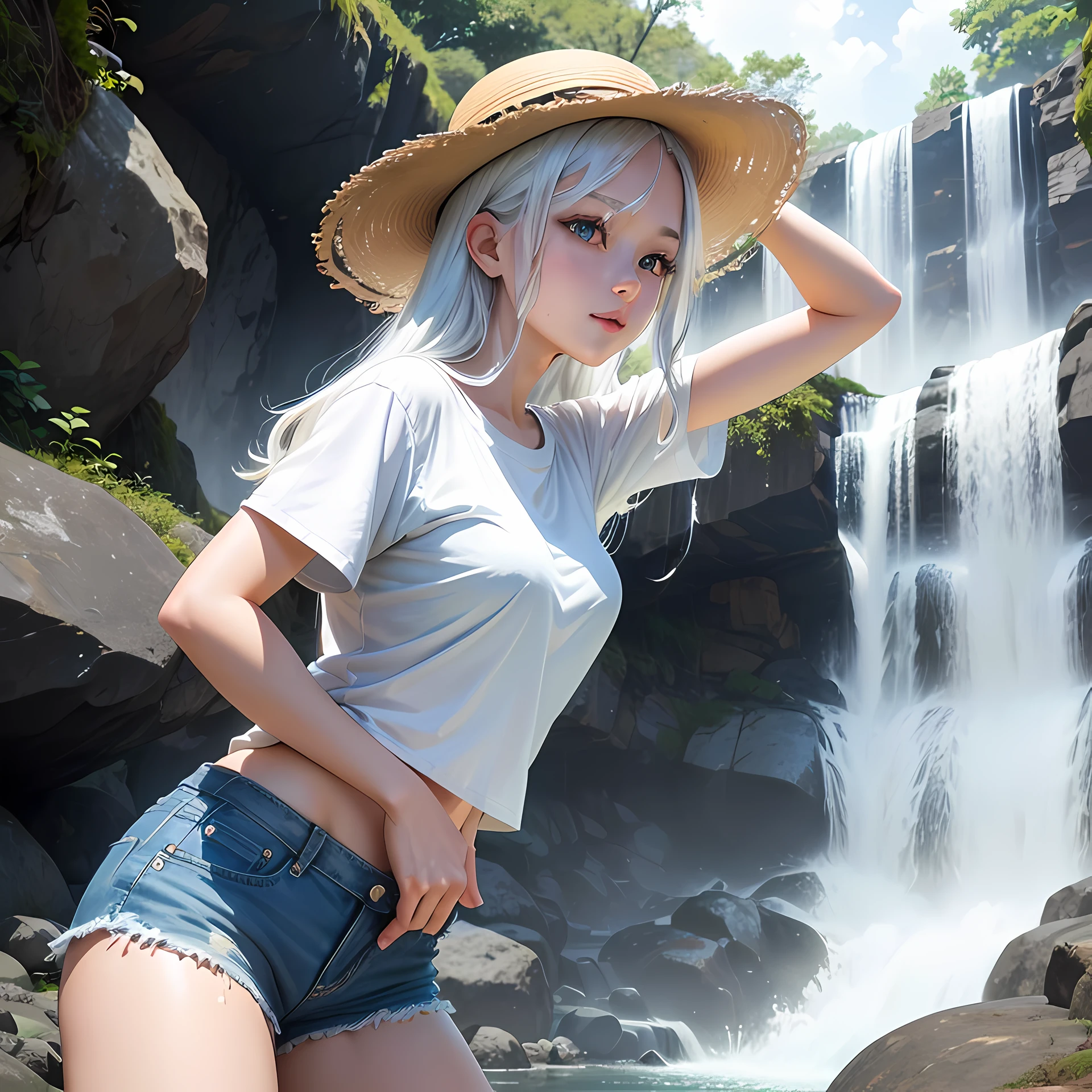 Next to the cascading waterfall，Listen to the sound of water，A 20-year-old female high school student，with hands behind her back，Bend slightly to the right，With a straw hat。appearance：White short-sleeved tee，Extra-short jeans，Beth，athletic sneakers，Hair color：Silvery-white hair。skin tone：White-yellow。Pupil color：golden。body high：170。nature：Playful，having fun，Rejoice，exhilarated。boobgasm：c。One guy。waterfallr，with blue sky and white clouds，water elemental，having fun --auto
