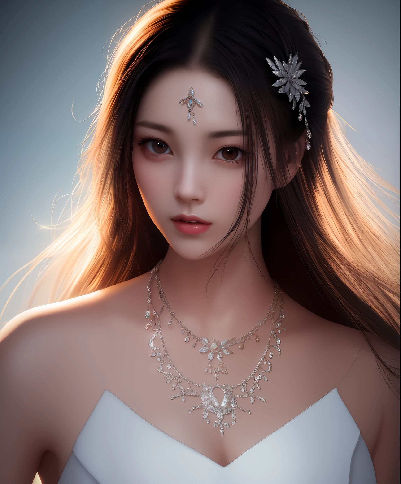 Best quality, masterpiece, high resolution, 1girl, porcelain dress, hair accessories, necklace, jewelry, beautiful face, on the body, Tyndall effect, realistic, dark studio, edge lighting, two-tone lighting, (high detail skin: 1.2), 8k UHD, dslr, soft light, high quality, volumetric light, candid, photo, high resolution, 4k, 8k, background blur,