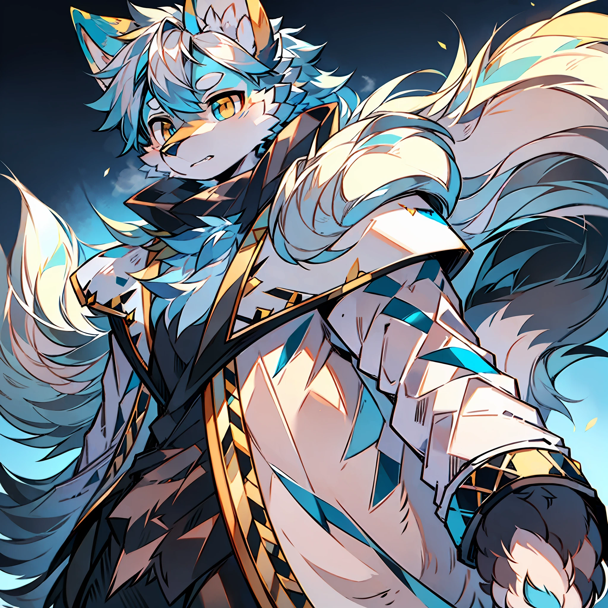 solo person，shaggy male，Furry，coyote，canid，White fur，Gold eyes，blue colored eyes，large tail，long whitr hair，Low ponytail，Blue gradient hair，Silvery hair，Blonde gradient hair，a black cloak，White jacket，Issuing