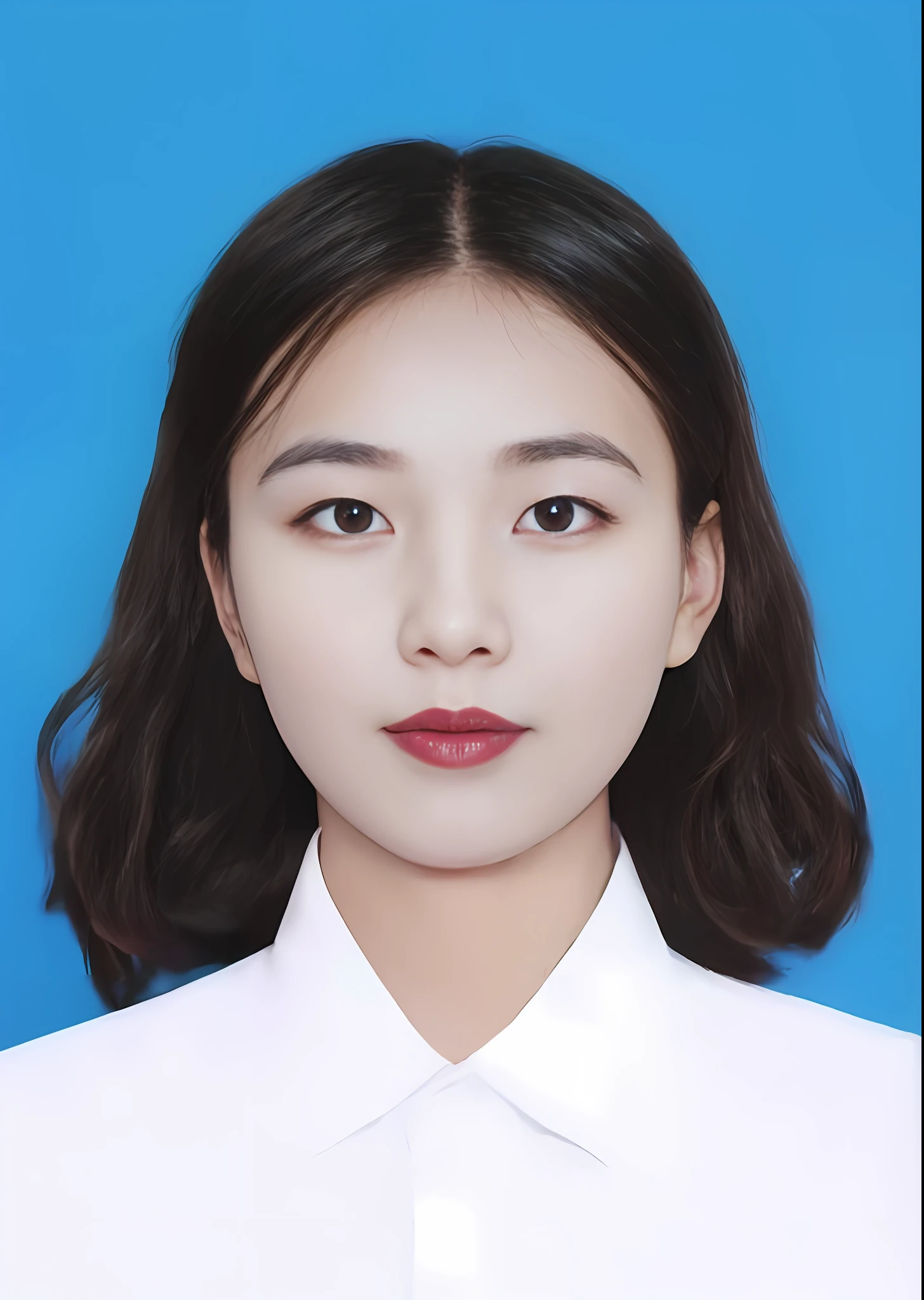 (Special Effects Screen，high textured，high detal)Uma personagem feminina，(close up angle，Depth-of-fie，the detail)white  shirt，blue backdrop，(multicolored_hair:1.2+blue eyes),(Close-up expression)，(Multiple names:0.5，Can be hidden)