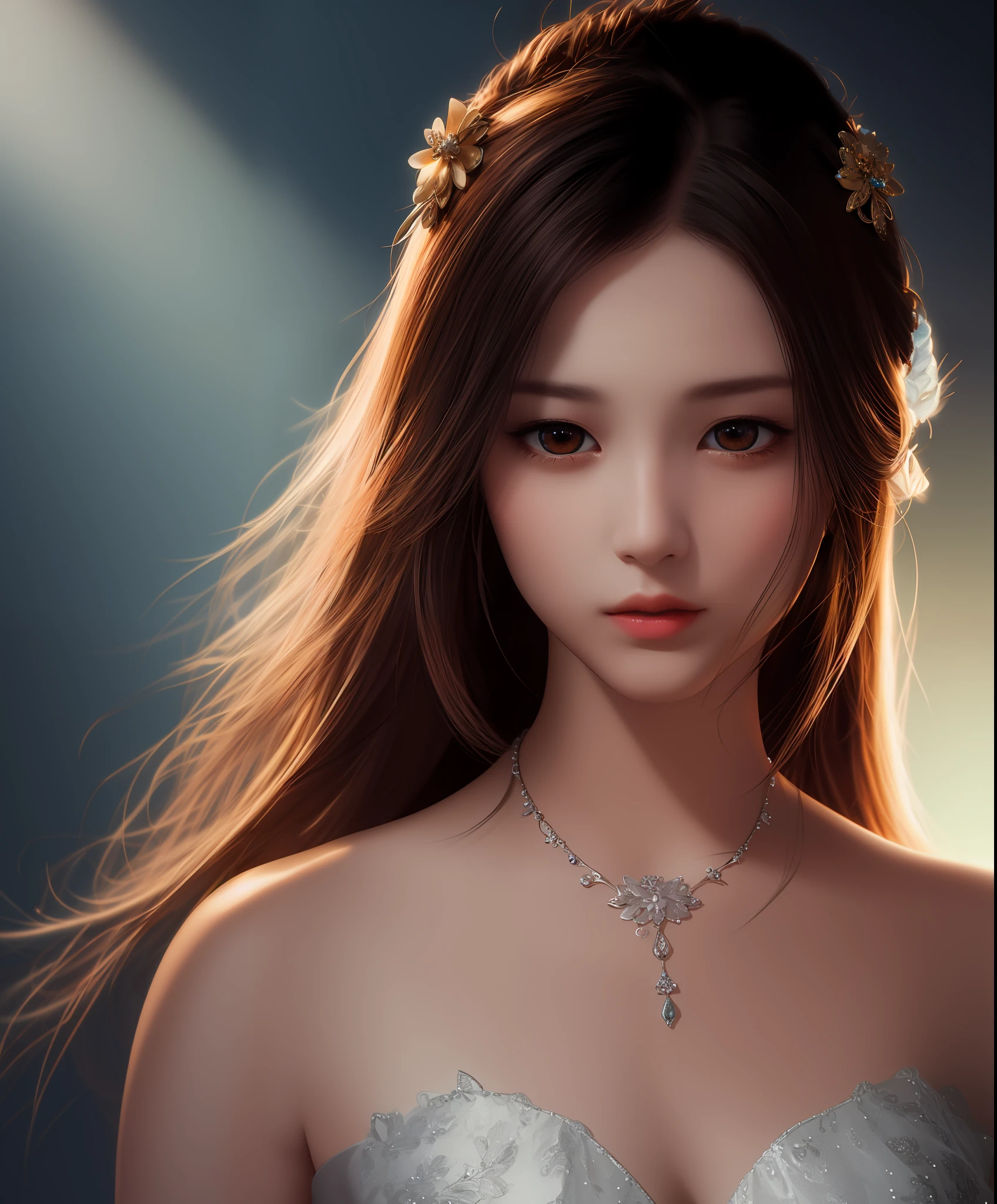 Best quality, masterpiece, high resolution, 1girl, porcelain dress, hair accessories, necklace, jewelry, beautiful face, on the body, Tyndall effect, realistic, dark studio, edge lighting, two-tone lighting, (high detail skin: 1.2), 8k UHD, dslr, soft light, high quality, volumetric light, candid, photo, high resolution, 4k, 8k, background blur,