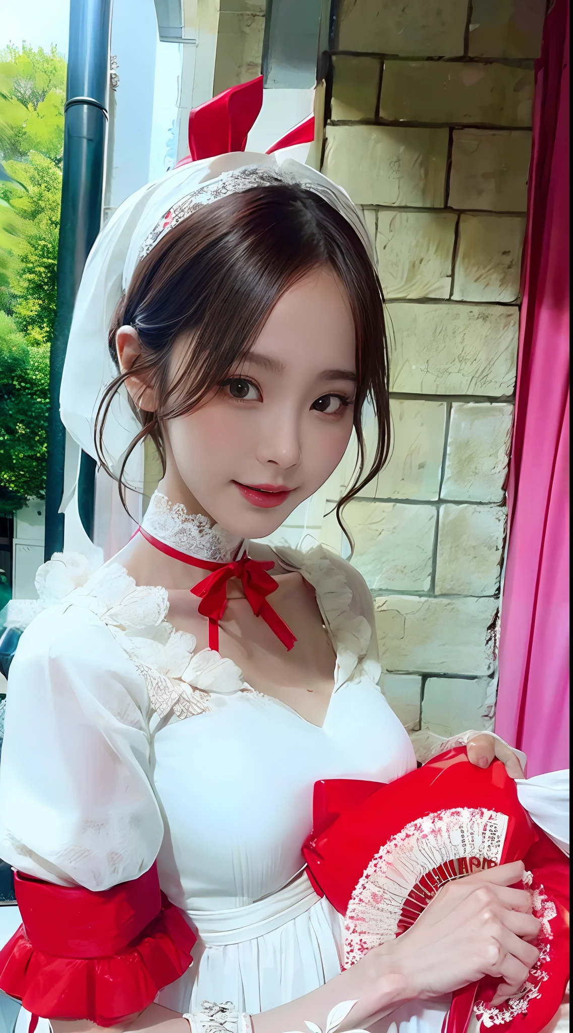 A woman in a white dress holds a fan，Around his neck hangs a red ribbon and a red and white fan