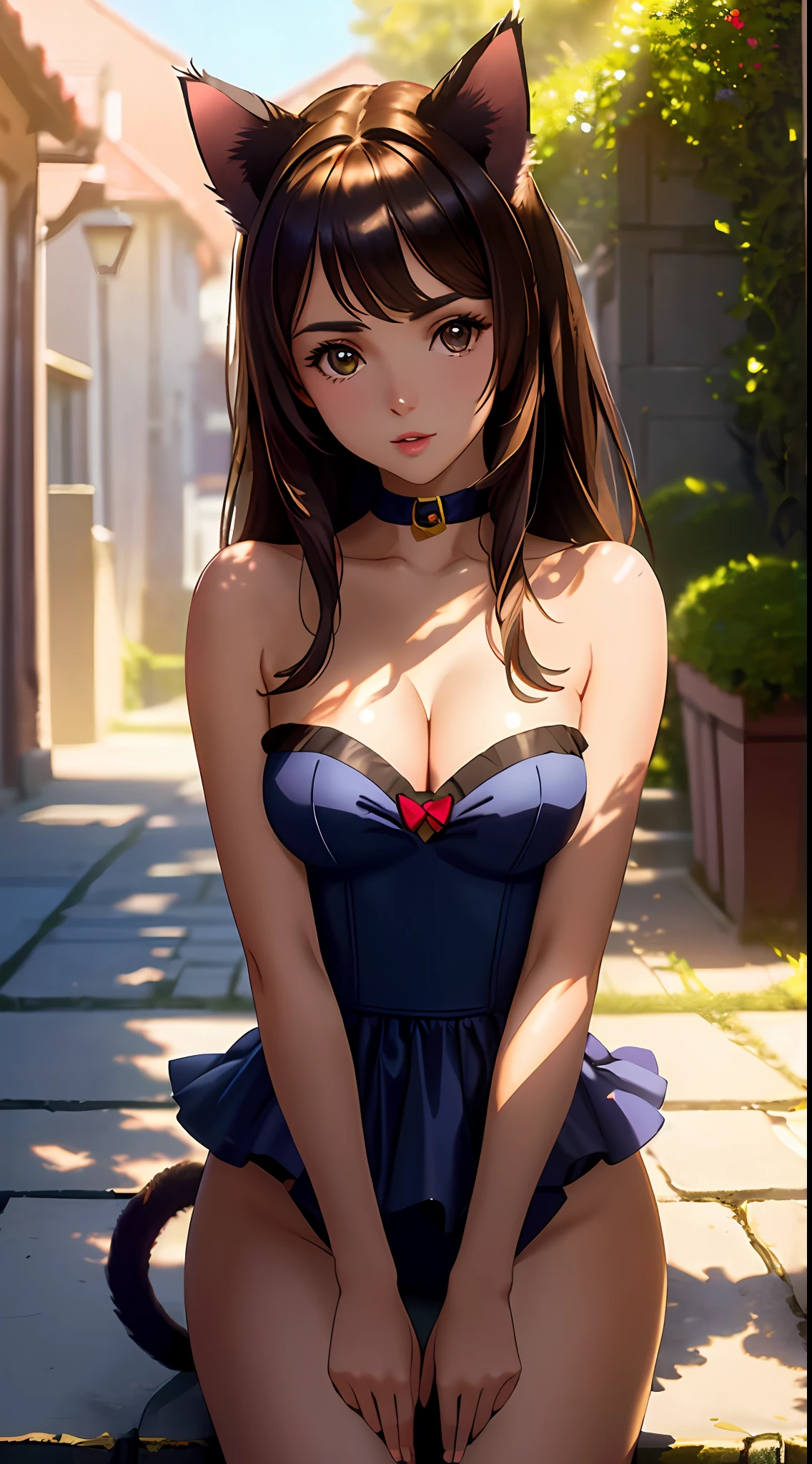 masterpiece, best quality, 8k, sharp focus, depth of field, best shadows, perfect lights, HDR, realistic skin texture, hyper detailed background, inspired by Poppy Drayton, strapless, cleavage showing flat chest, warm skin, ecchi face, yuri, ecchi, at a random scenario, ((cosplaying as a cat girl))