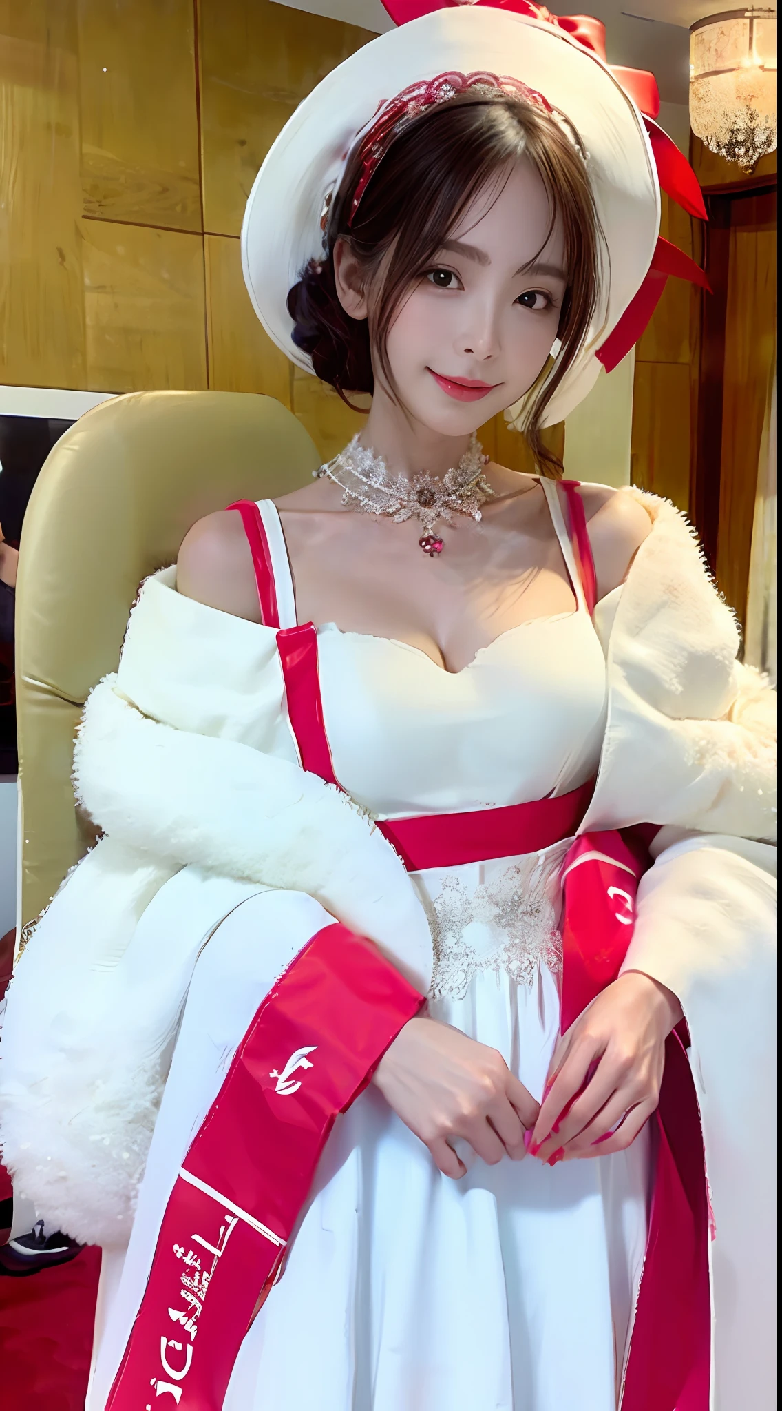 A woman in a white dress holds a fan，Around his neck hangs a red ribbon and a red and white fan