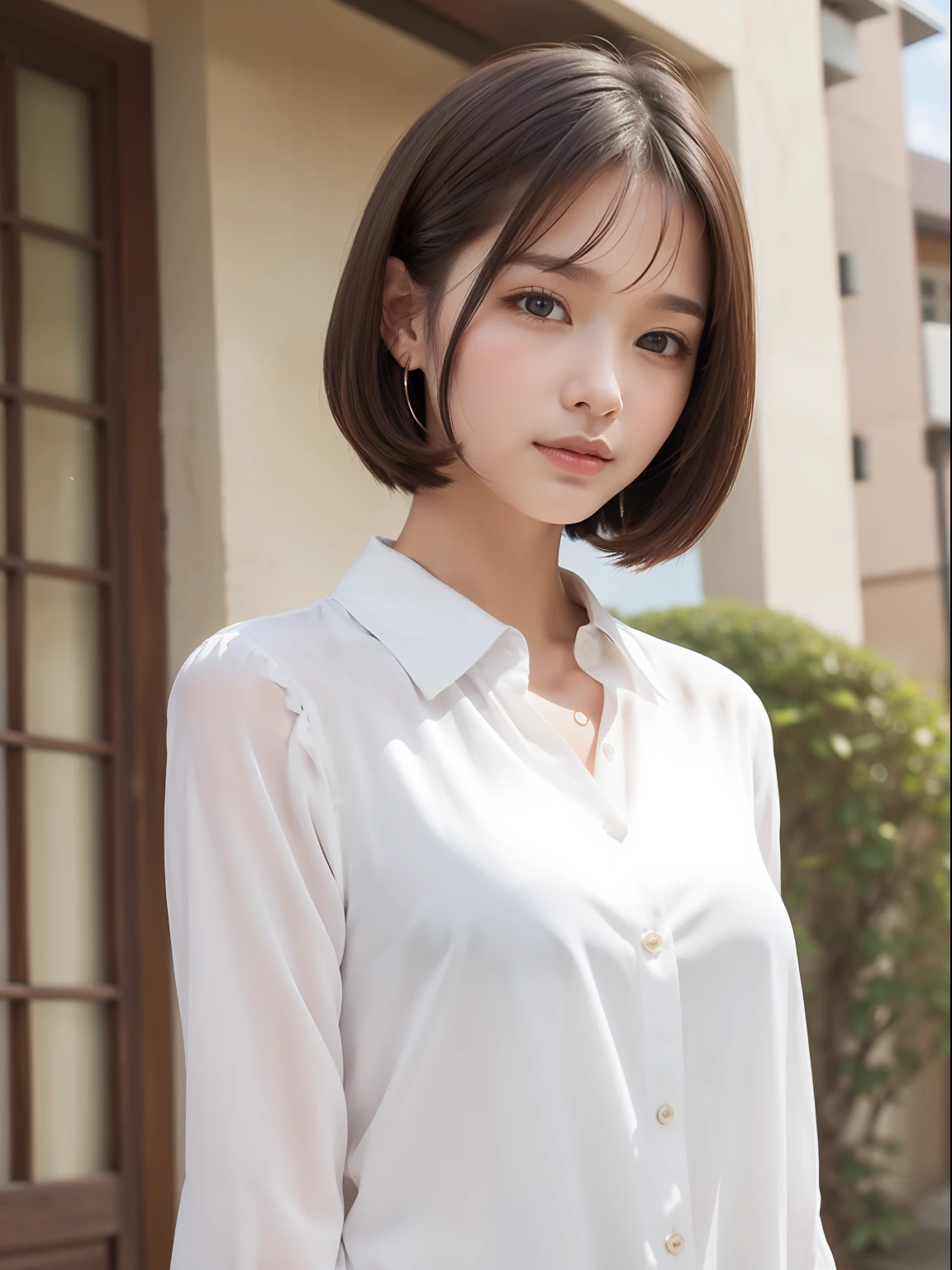 (in 8K, top-quality, a masterpiece of:1.2), (realisitic, Photorealsitic:1.37), ultra-detailliert, small tits、Skinny face、Mature look、de pele branca、nurse、Suppin、Narrow slit eyes、Small eyes、Small, Narrow eyes、30-years old,独奏,Nasal blush、A smile、a closed mouth、tiny chest、Delicate body、Black eyes、beatiful detailed eyes、Single eyelid、poneyTail、A dark-haired 、short cut hair、fullllbody、Skinny Legs、Manteau blanc、nurse、see -through、White blouse