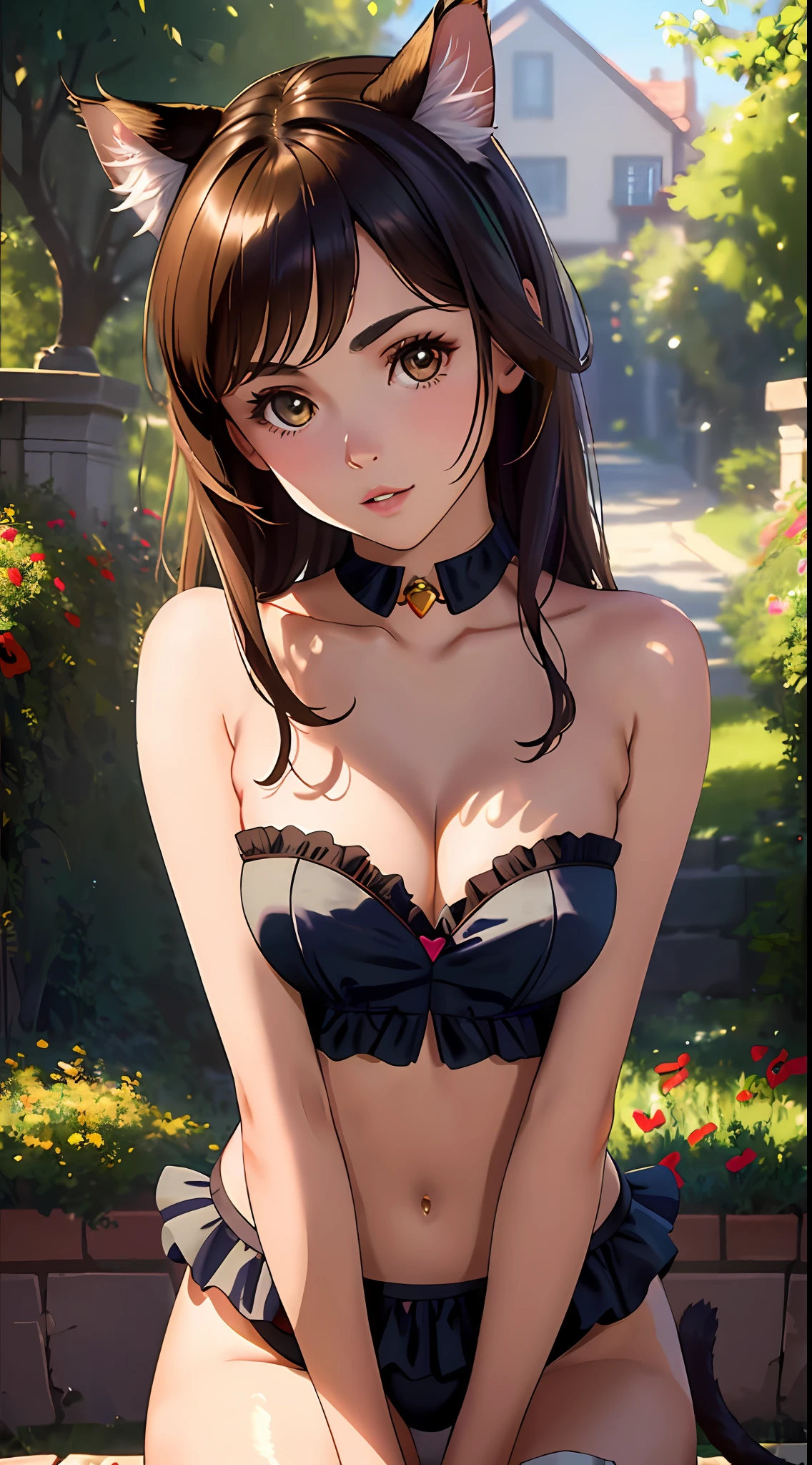 masterpiece, best quality, 8k, sharp focus, depth of field, best shadows, perfect lights, HDR, realistic skin texture, hyper detailed background, inspired by Poppy Drayton, strapless, cleavage showing flat chest, warm skin, ecchi face, yuri, ecchi, at a random scenario, ((cosplaying as a cat girl))