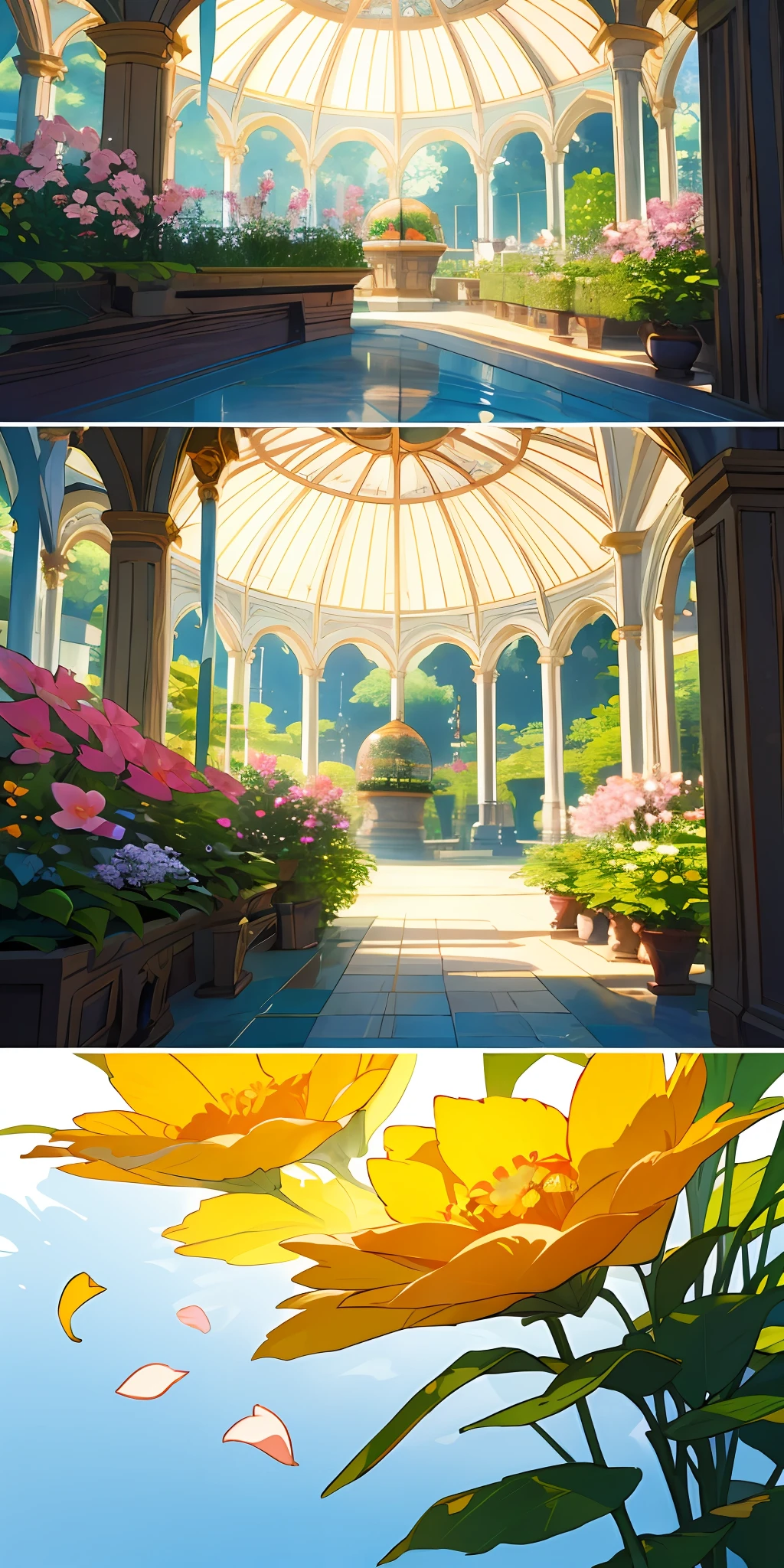 (top quality, masterpiece, ultra-realistic), indoor botanical garden, dome, lots of flowers, background landscape is a garden with petals and papas flying around. --v6