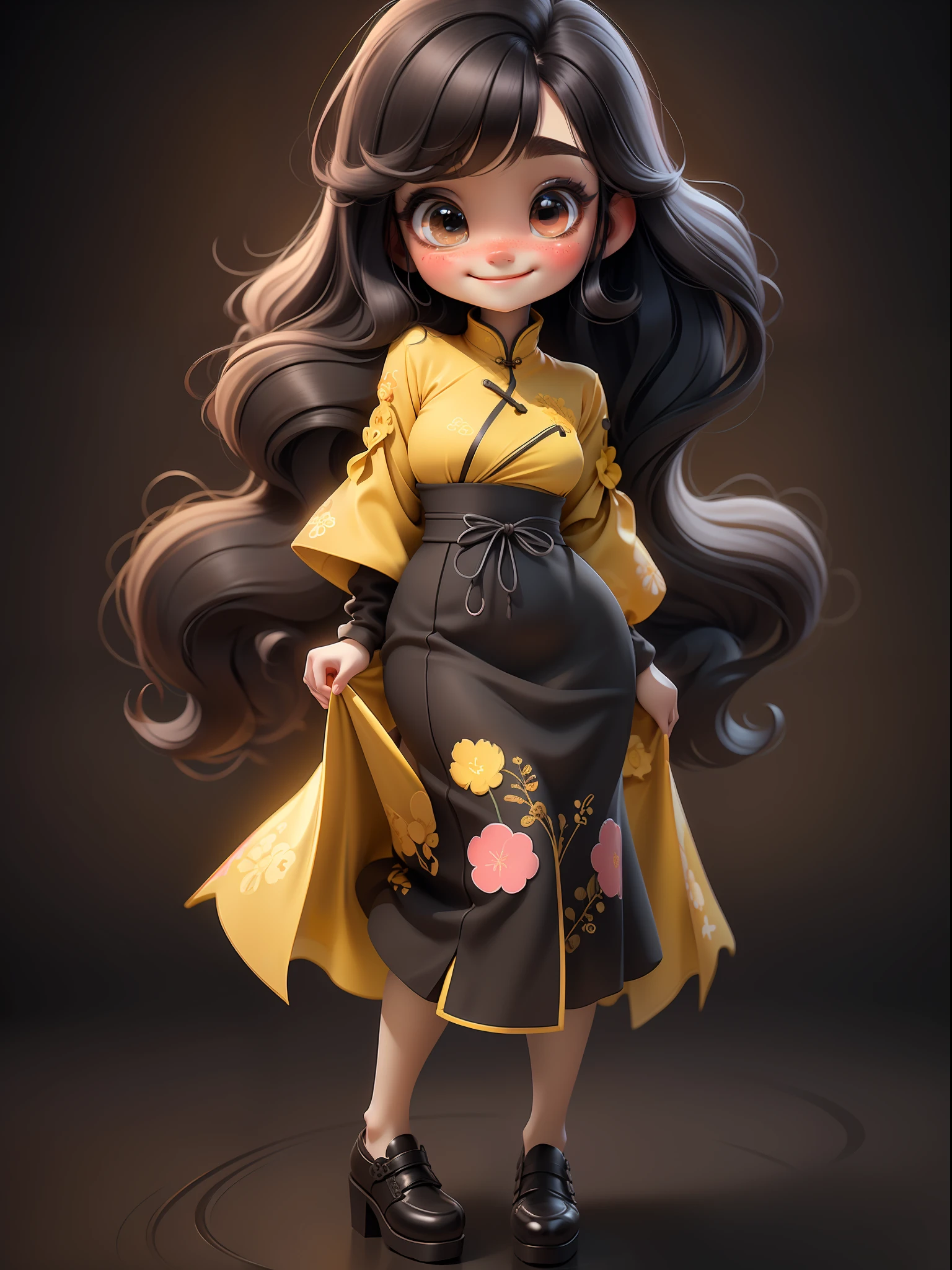 (Masterpiece), (Best Quality), (Super Detail), (Full Body: 1.2), 1 Girl in yellow aodai tradition vietnam, Chibi, Cute, Smile, Colorless Background, Blush, Straight Hair, Long Hair, Blurry, Black Hair, Blush Stickers, Bangs, (Beautiful Detailed Face), (Beautiful Detailed Eyes), Full Body,