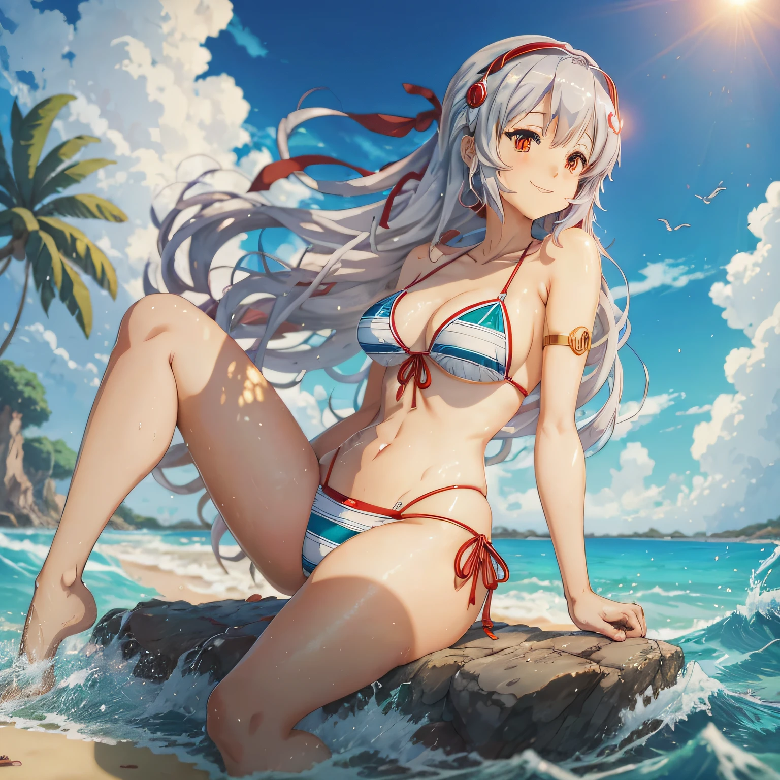 Anime girl in a bikini sitting on the beach with a red hair, silver bikini, Rei Ayanami, Realistic bikini, mulher de cabelo vermelho curto, menina anime sedutora, [ Arte Digital 4K ]!!, anime golden water wallpaper, Ayanami, roupa de banho, | Anime de detalhes finos, Arte Digital Anime, Arte Digital Anime detalhada, salto alto preto, sorrindo, olho verde claro, batom vermelho escuro, de quatro, rosto de uma americana, mostrando a bunda --auto