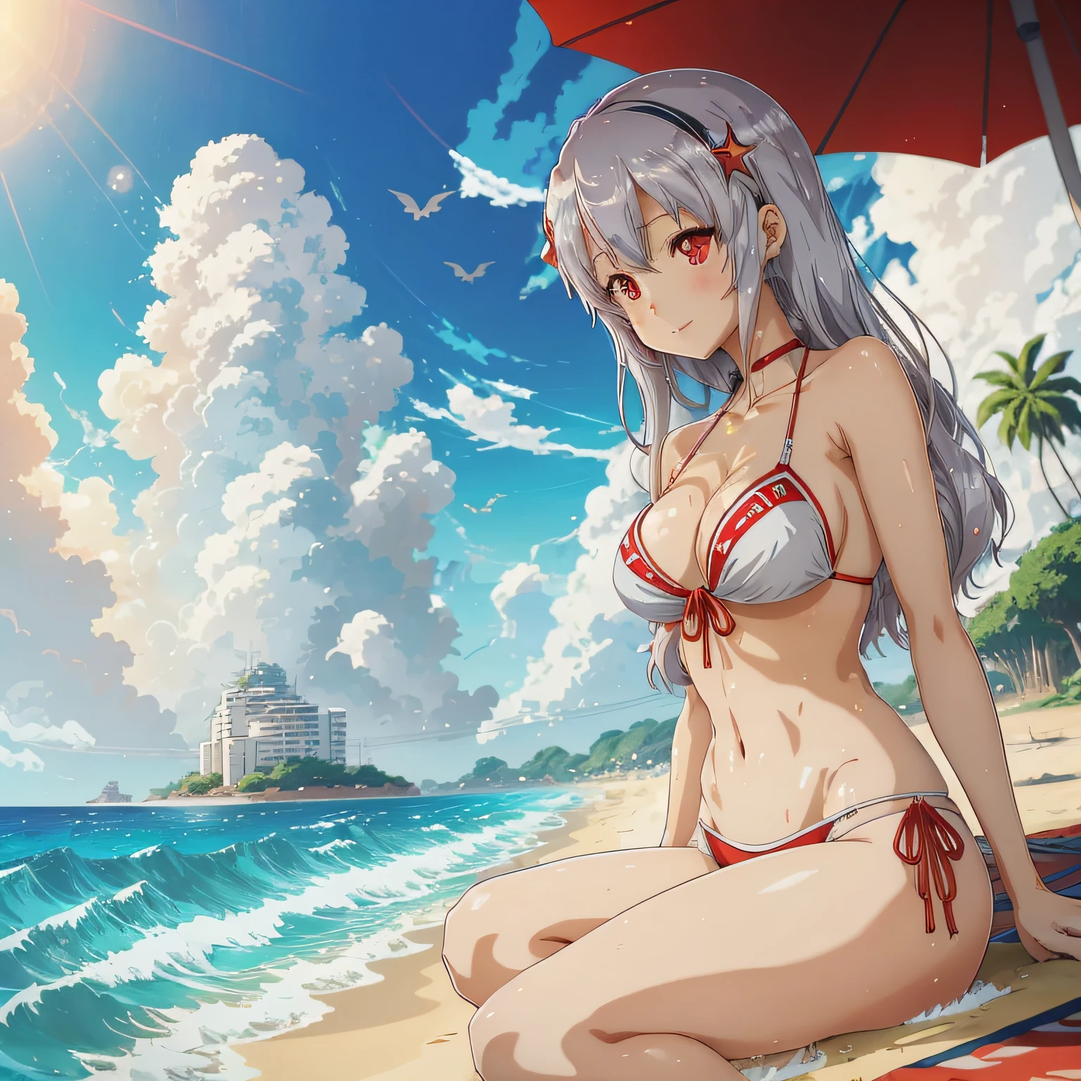 Anime girl in a bikini sitting on the beach with a red hair, silver bikini, Rei Ayanami, Realistic bikini, mulher de cabelo vermelho curto,  anime sedutora, [ Arte Digital 4K ]!!, anime golden water wallpaper, Ayanami, roupa de banho, | Anime de detalhes finos, Arte Digital Anime, Arte Digital Anime detalhada, salto alto preto, sorrindo, olho verde claro, batom vermelho escuro, de quatro, rosto de uma americana, mostrando a bunda --auto