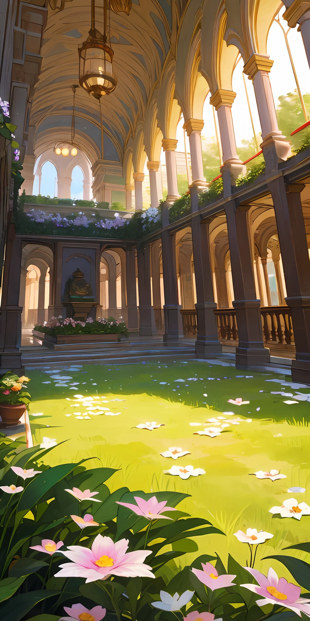 (top quality, masterpiece, ultra-realistic), indoor botanical garden, dome, lots of flowers, background landscape is a garden with petals and papas flying around. --v6
