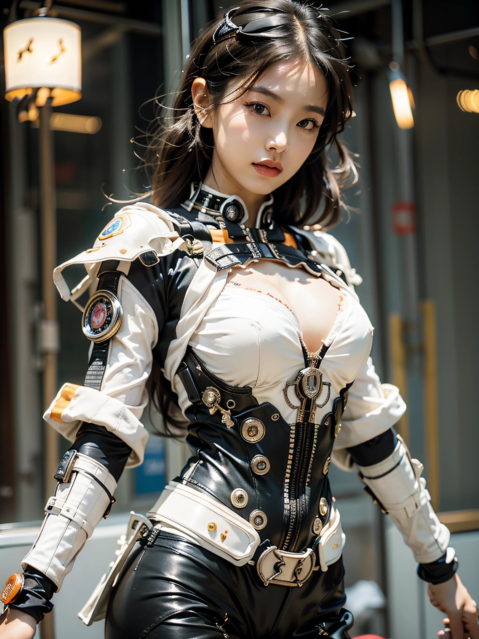 Best quality at best,tmasterpiece,超高分辨率,(真实感:1.4),(sword1.2),Detailed details,1girll,Combat posture,cleavage,a beauty girl,Hand-held weapons,mechs,A mechanical,ellegance,Clear focus,gentlesoftlighting,vivd colour,tmasterpiece,