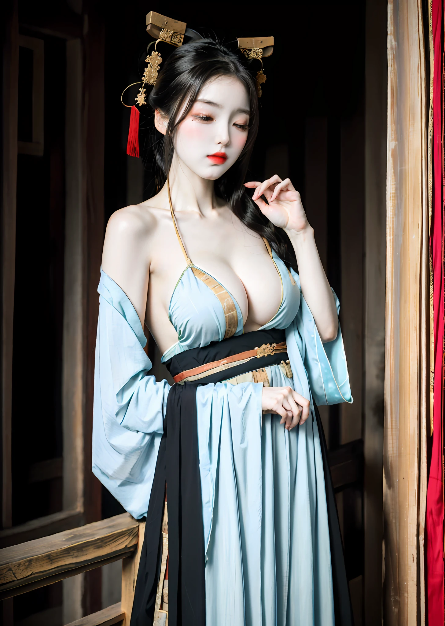 There is a woman posing for a photo in Hanfu, (Expose boob:1.2), Long bangs, Close your eyes, (Wear it with ancient Chinese black clothing:1.4), Japanese clothes, (Wearing ancient Chinese clothes:1.2), palace background， A girl in Hanfu, Traditional Chinese clothing, pale and coloured kimono, Chinese costume, traditional geisha clothing