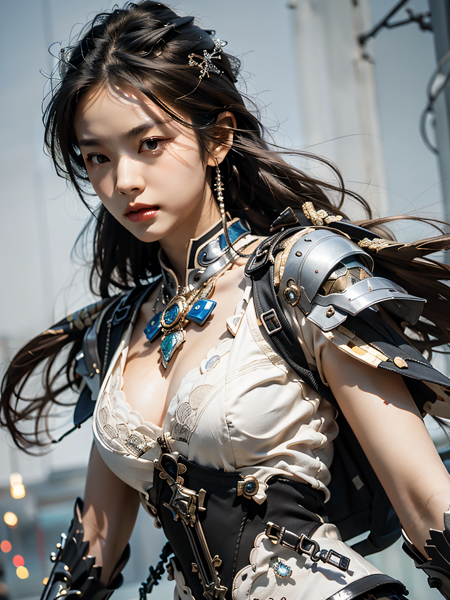 Best quality at best,tmasterpiece,超高分辨率,(真实感:1.4),(sword1.2),Detailed details,1girll,Combat posture,cleavage,a beauty girl,Hand-held weapons,mechs,A mechanical,ellegance,Clear focus,gentlesoftlighting,vivd colour,tmasterpiece,