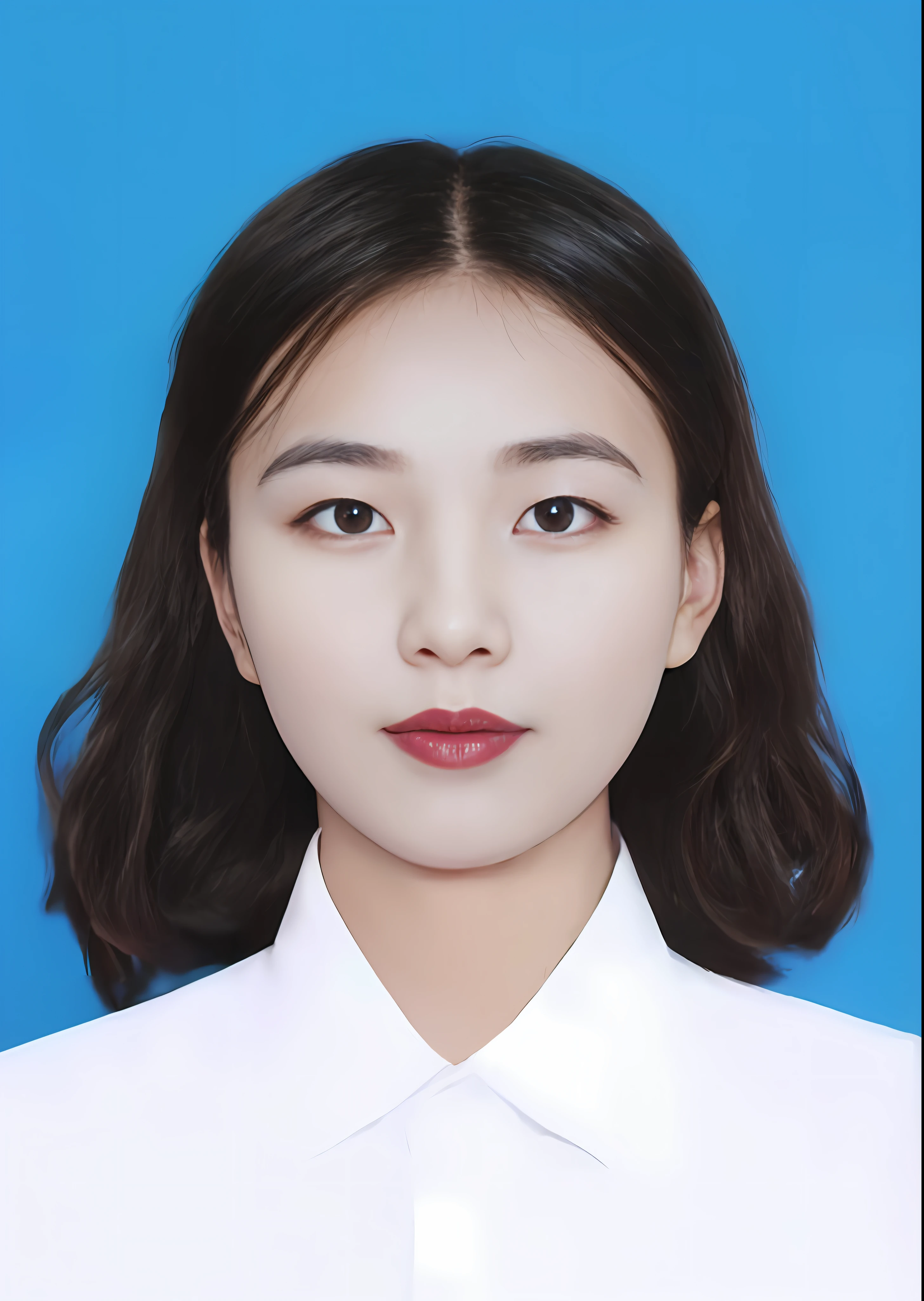 (Special Effects Screen,high textured,high detal)Uma personagem feminina,(close up angle,Depth-of-fie,the detail)white shirt,blue backdrop,(multicolored_hair:1.2+blue eyes),(Close-up expression),(Multiple names:0.5,Can be hidden)