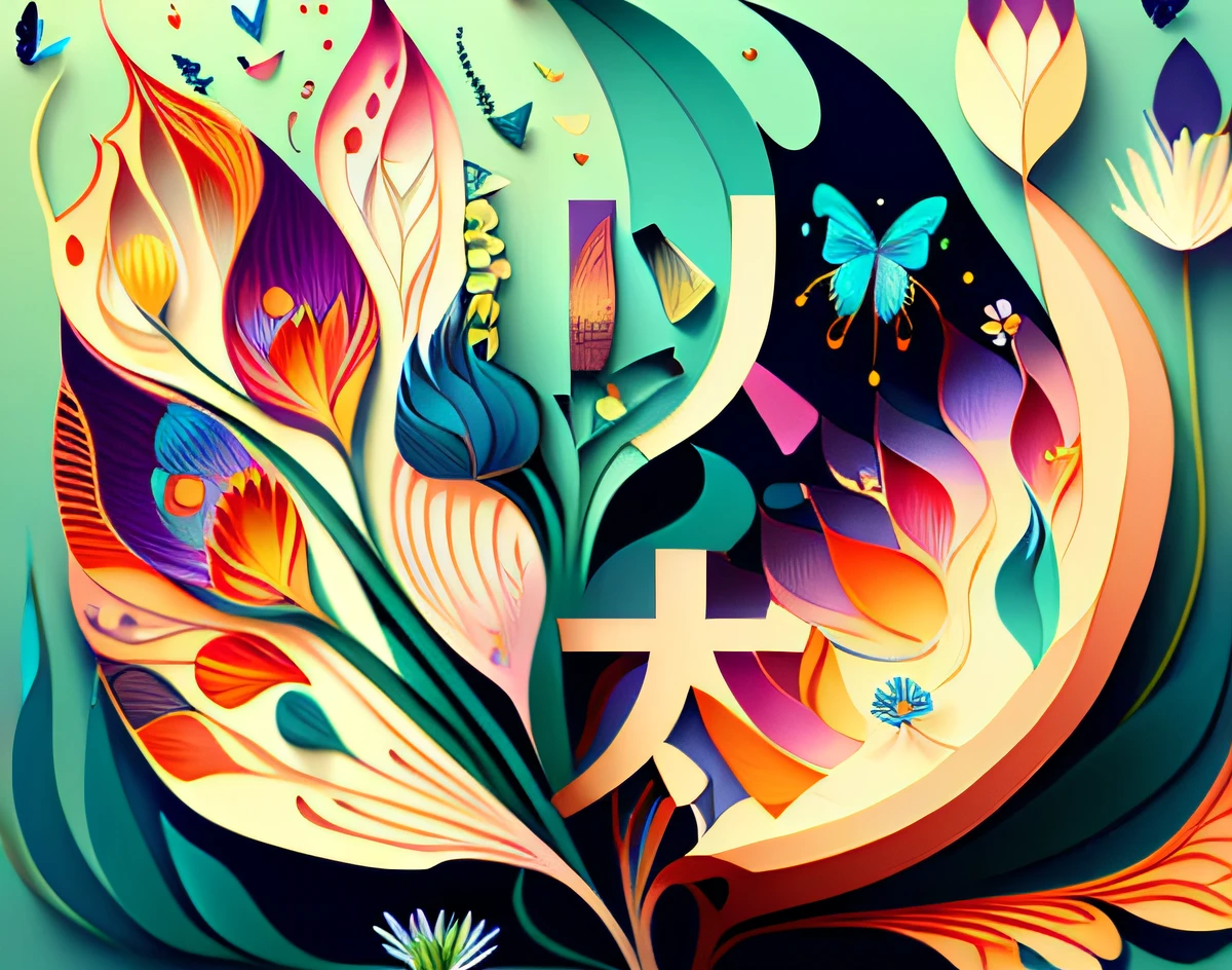 (illustration:1.3) ， (by Artist Anna Dittman:1),springtime,  a 3D render, Extremely colorful, Beauty side face, Flowers, Butterflies, Best quality, Detailed details, Masterpiece, offcial art, Cinematic lighting effects, 4K,etherial