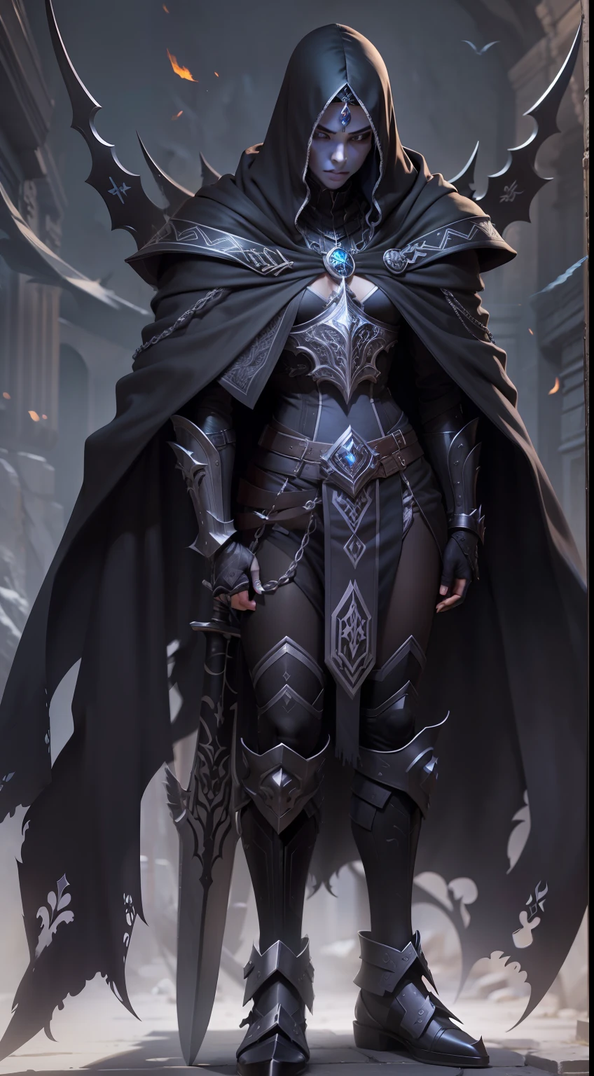 Clad in obsidian armor adorned with intricate silver runes, Blackfire stands tall and imposing. Their ebony cloak billows behind them, and their eyes shine with a piercing intensity. In their hand, they wield a sword crackling with dark arcane energy, a symbol of their dual mastery of magic and swordplay. The essence of shadows seems to dance around them, heightening their mystique.
