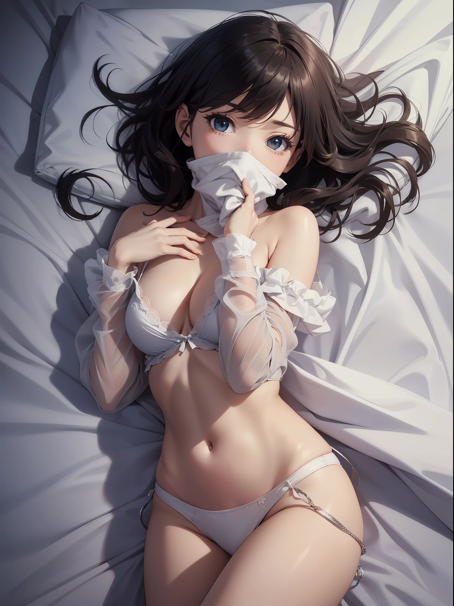 Best Quality, Masterpiece, Ultra High Quality, (Photo Real: 1.4), Cowboy Shot,
"Girl wrapped in bed sheets.",
"She wears nothing.",
"She covers her mouth with her hands,
BREAK、
masterpiece, high resolution, illustration, Makoto Shinkai style, your name is movie style, night, midnight, (1 woman: 1.3), (solo: 1.4), beautiful girl, medium bob, disheveled hair, (sleepy: 1.2), bangs, medium breasts, shapely breasts, (bed sheets:1.3), sheets, wrapped in sheets, no bra,, (yawn: 1.2), off-shoulder,