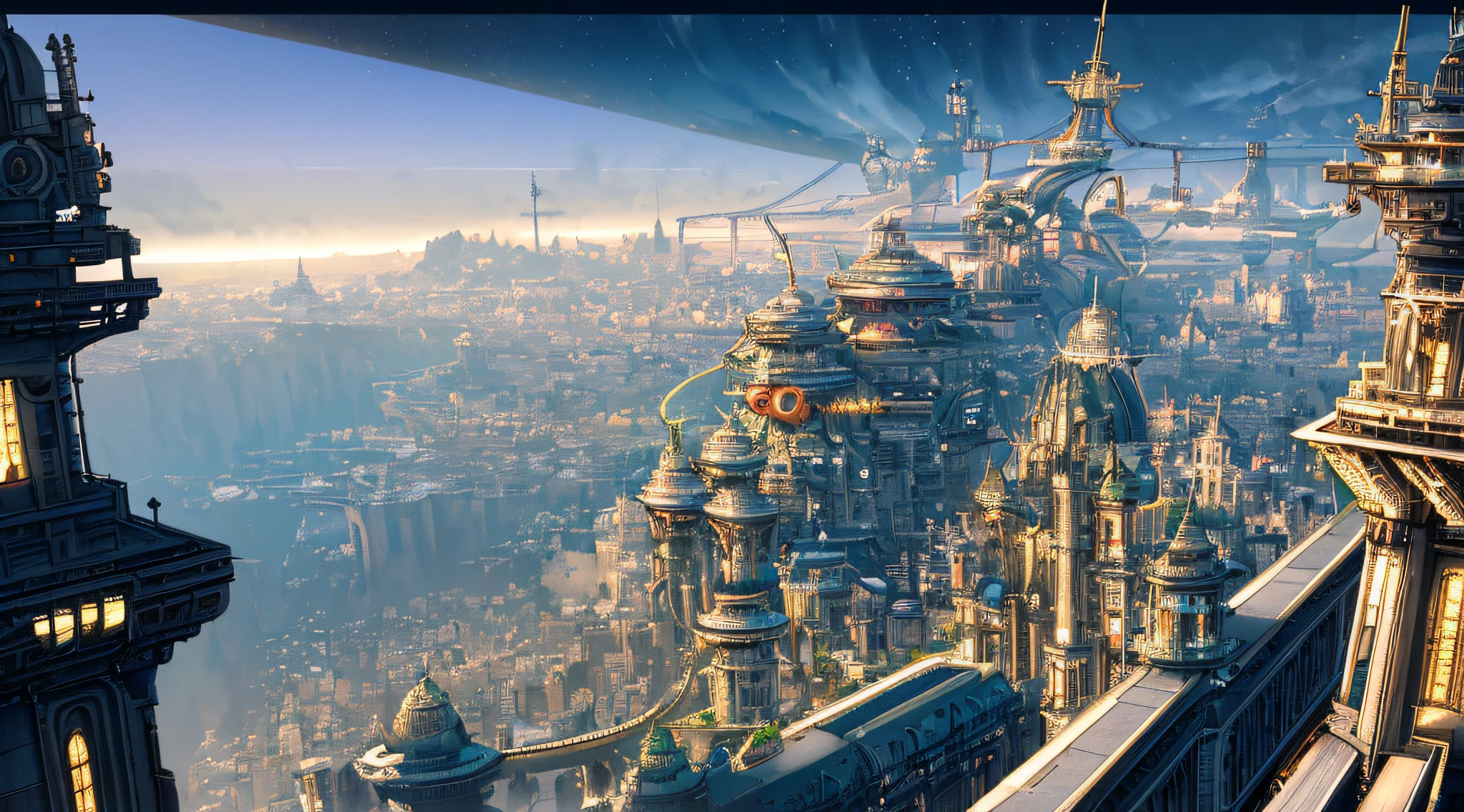 ((masterpiece)),((best quality)),((high detail)),((realistic,)) ((8k)) ((uhd)) ((well defined)) vast futuristic steampunk bustling city beside the sea viewed from a distance in the moonlight