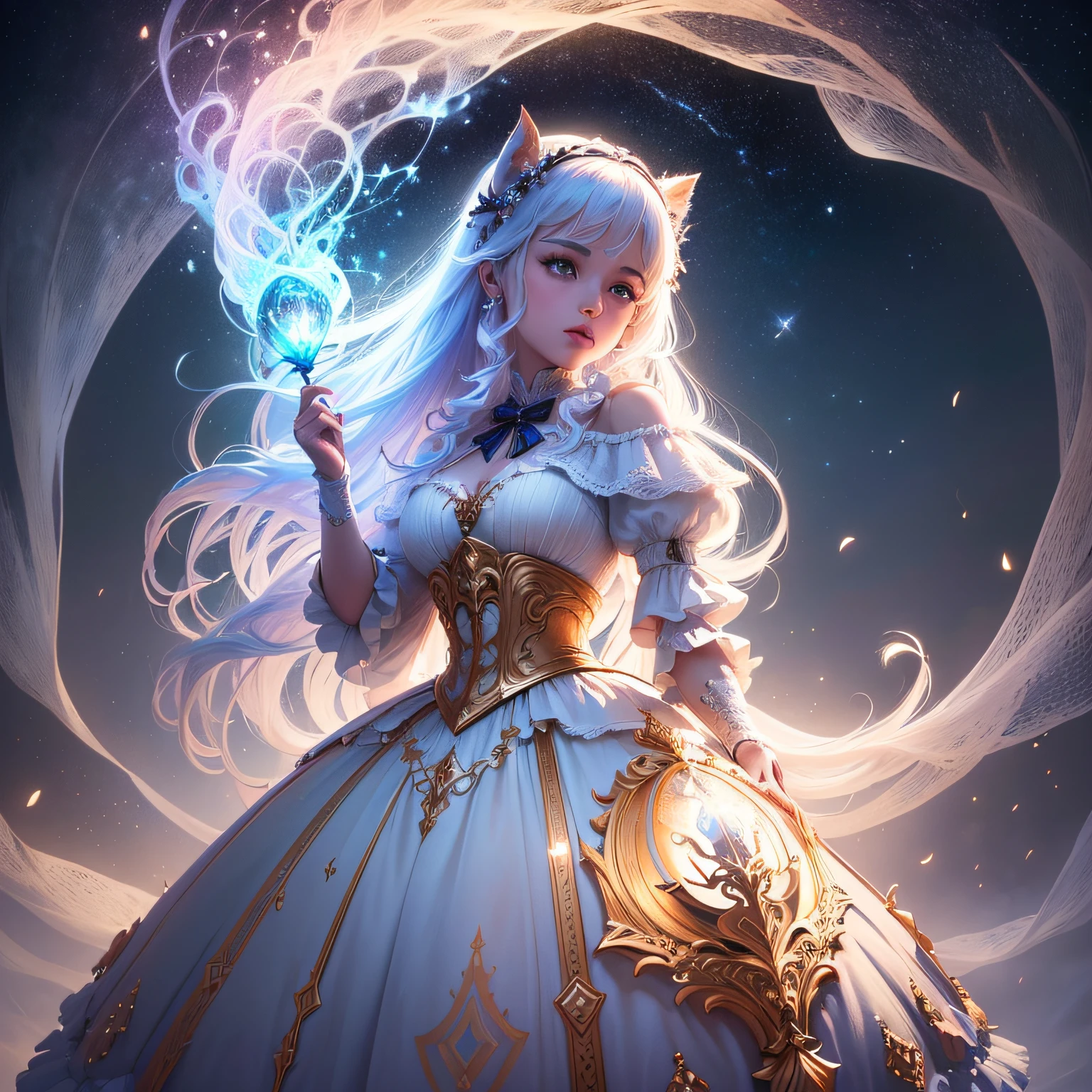 (melhor qualidade, obra-prima, Incredibly elaborate illustration, ultra-detalhada) ((extremamente detalhado CG unidade 8k papel de parede,master part, melhor qualidade, ultra-detalhado),(best ilumination, melhor sombra)(Pintura digital, obra-prima, alta qualidade, feita com cuidado, detalhes ultra detalhados: 1.3, magic lighting, profundidade de campo, Pinceladas delicadas, Fantastical Atmosphere, Ethereal aesthetics) A constellation reminiscent of a beautiful gift bow, um efeito de brilho.