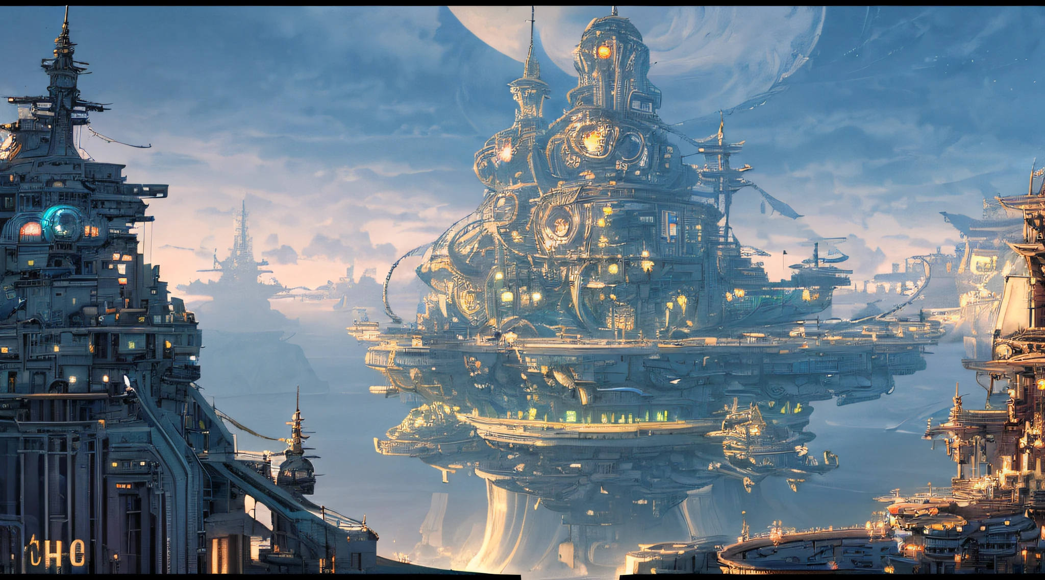 ((masterpiece)),((best quality)),((high detail)),((realistic,)) ((8k)) ((uhd)) ((well defined)) vast futuristic steampunk bustling city beside the sea viewed from a distance in the moonlight