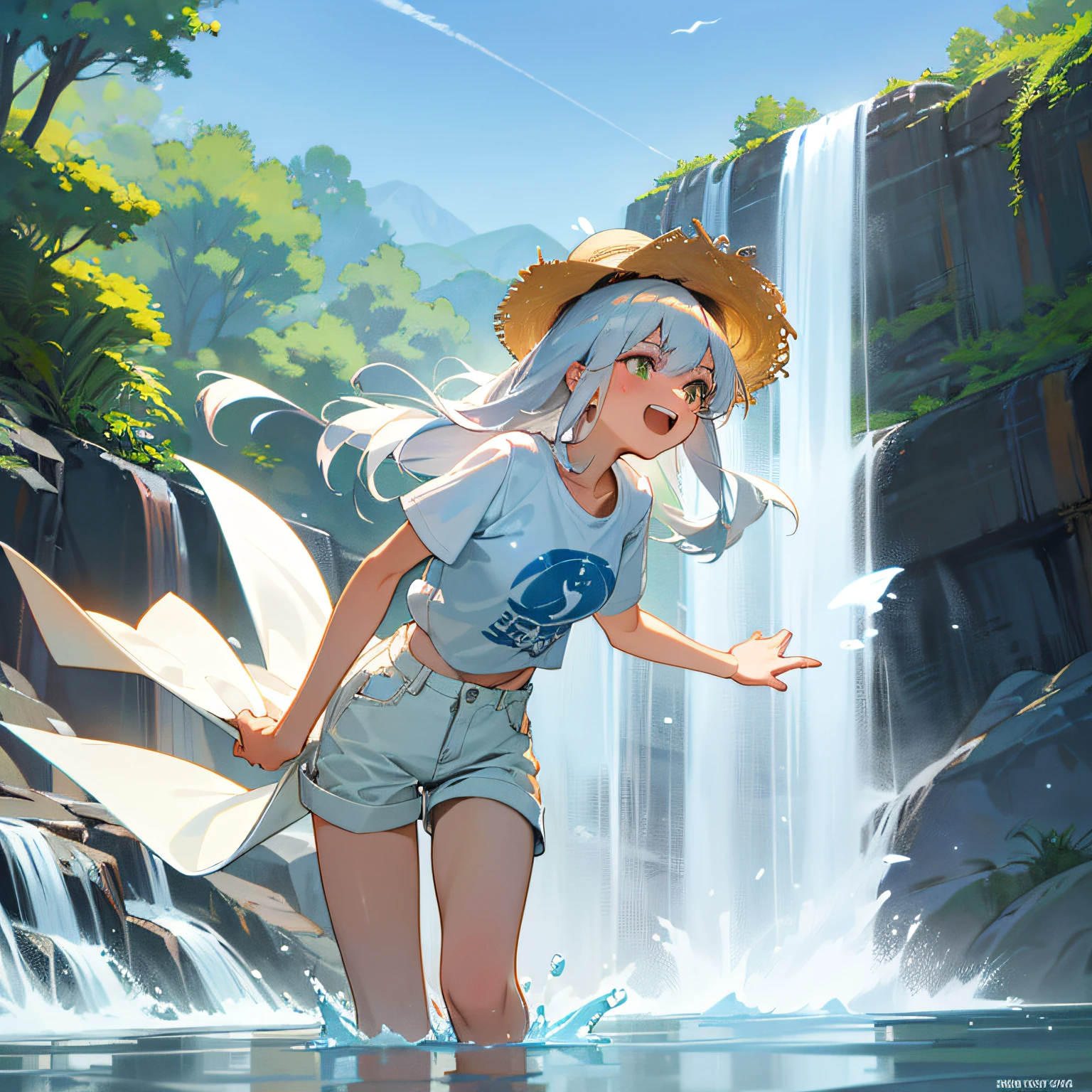 Rushing down next to the waterfall,Listen to the sound of water,A 20-year-old female high school student,action:with hands behind her back,Bend slightly to the right。appearance:With a straw hat,White short-sleeved tee,Extra-short jeans,Beth,athletic sneakers,Hair color:Silvery-white hair。skin tone:White-yellow。Pupil color:golden。body high:170。nature:Playful,having fun,Rejoice,exhilarated。boobgasm:c。One guy。waterfallr,with blue sky and white clouds,water elemental,having fun --auto
