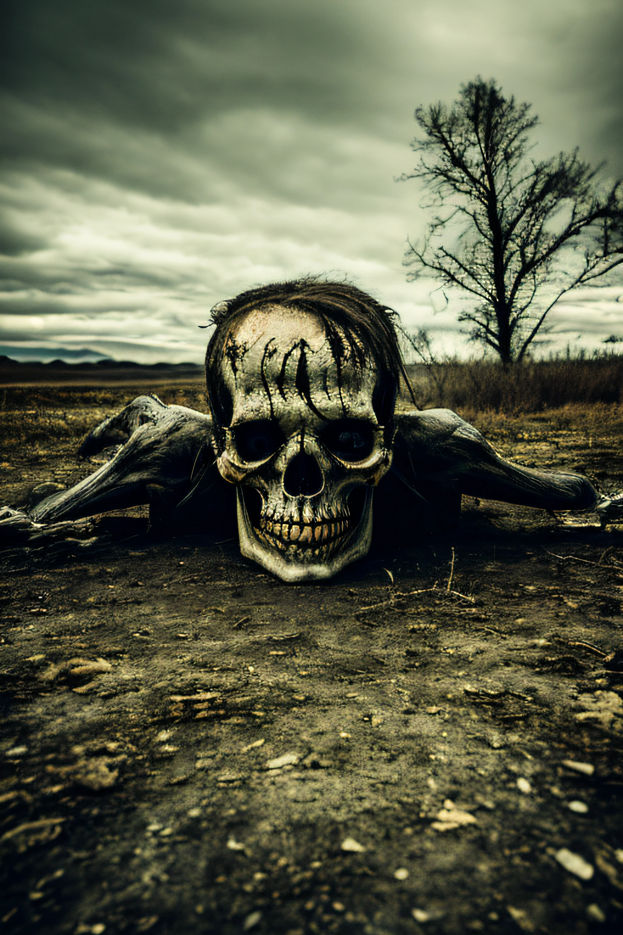 MODELSHOOT STYLE, ANALOG STYLE,wide shot, realistic, 8k resolution, hyperdetailed, highly detailed, real life, studio lighting, high quality, photo, wide landscape, bones out, rotten skull, full body, a demon from the nightmares screaming at the camera