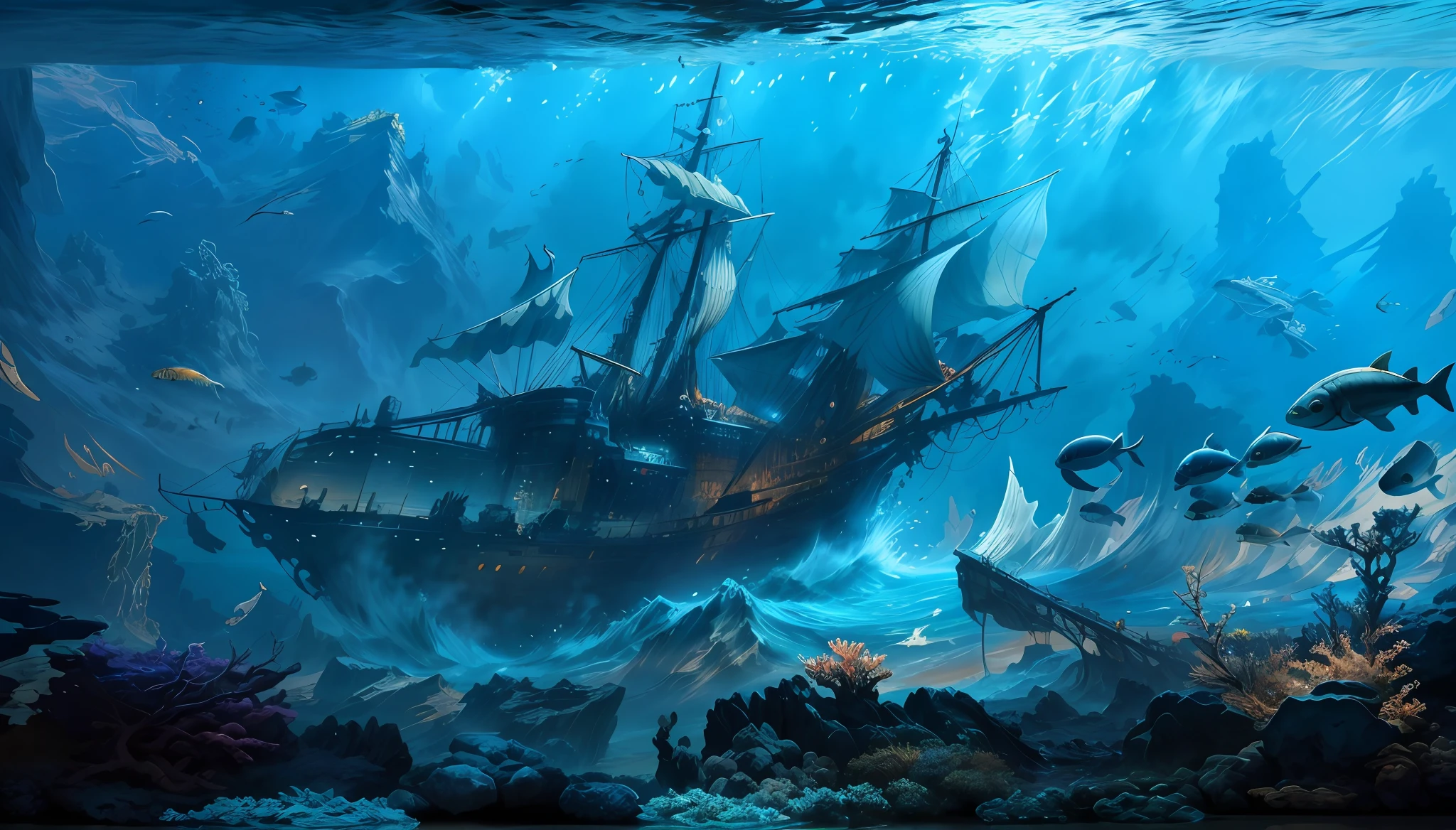 There is a ship at the bottom of the sea that is silent，There is a search ship under water，There are fish, sunken ships, dramatic concept art, Portrait of a shipwreck, sunken ships, shipwreck, stunning concept art, Alien ship wreckage, Detailed 4K concept art, Stunning! concept-art, beautiful detailed concept art, underwater environment, iintricate、Epic concept art, stefan koidl inspired, undersea environment，The mysterious seabed， Fantastic underwater scenery，（(The fish)），（jelly fish），（The corals），Diver background，8K，best qualtiy，Ultra-clear details，tmasterpiece