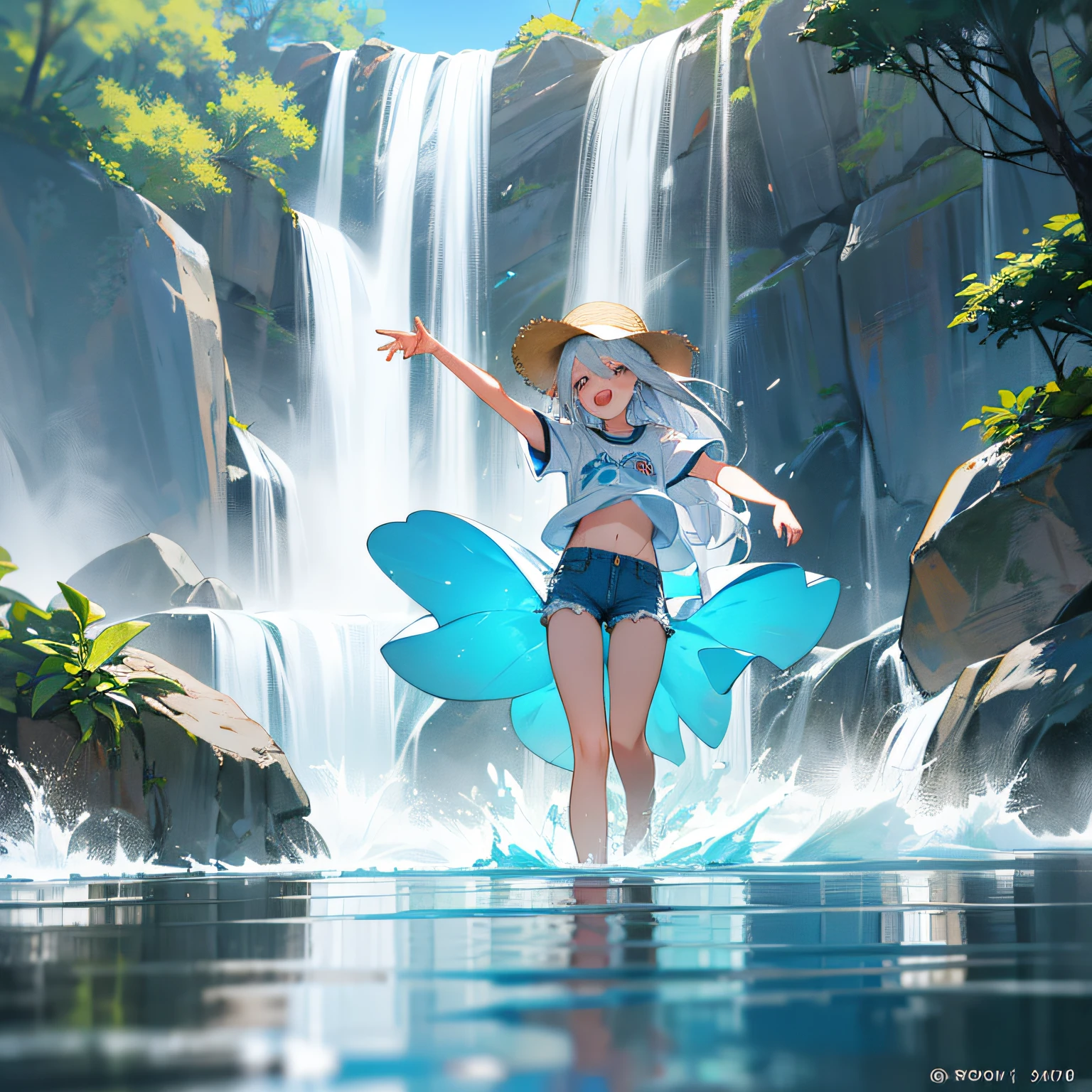 Rushing down next to the waterfall，Listen to the sound of water，A 20-year-old female high school student，action：with hands behind her back，Bend slightly to the right。appearance：With a straw hat，White short-sleeved tee，Extra-short jeans，Beth，athletic sneakers，Hair color：Silvery-white hair。skin tone：White-yellow。Pupil color：golden。body high：170。nature：Playful，having fun，Rejoice，exhilarated。boobgasm：c。One guy。waterfallr，with blue sky and white clouds，water elemental，having fun --auto