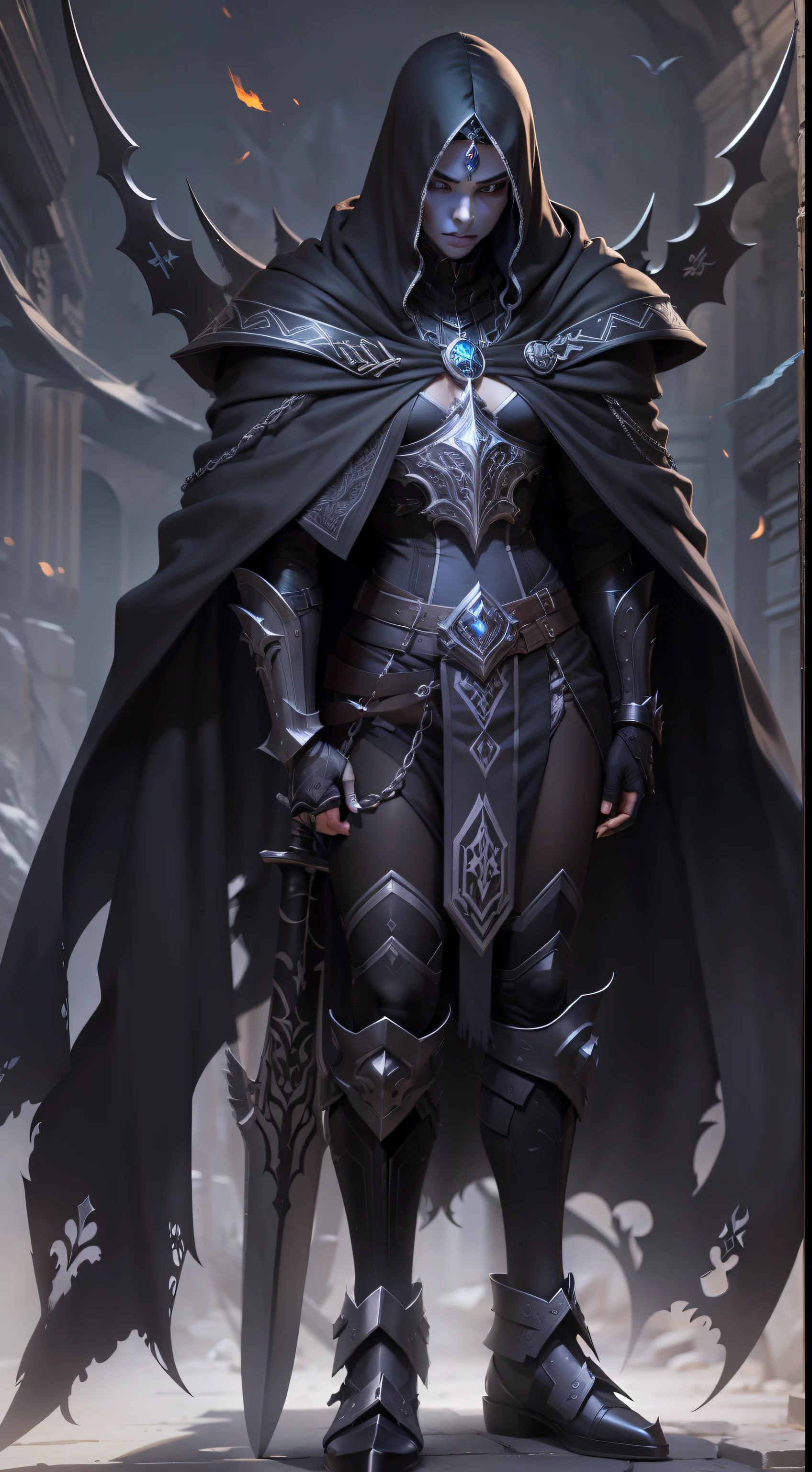 Clad in obsidian armor adorned with intricate silver runes, Blackfire stands tall and imposing. Their ebony cloak billows behind them, and their eyes shine with a piercing intensity. In their hand, they wield a sword crackling with dark arcane energy, a symbol of their dual mastery of magic and swordplay. The essence of shadows seems to dance around them, heightening their mystique.