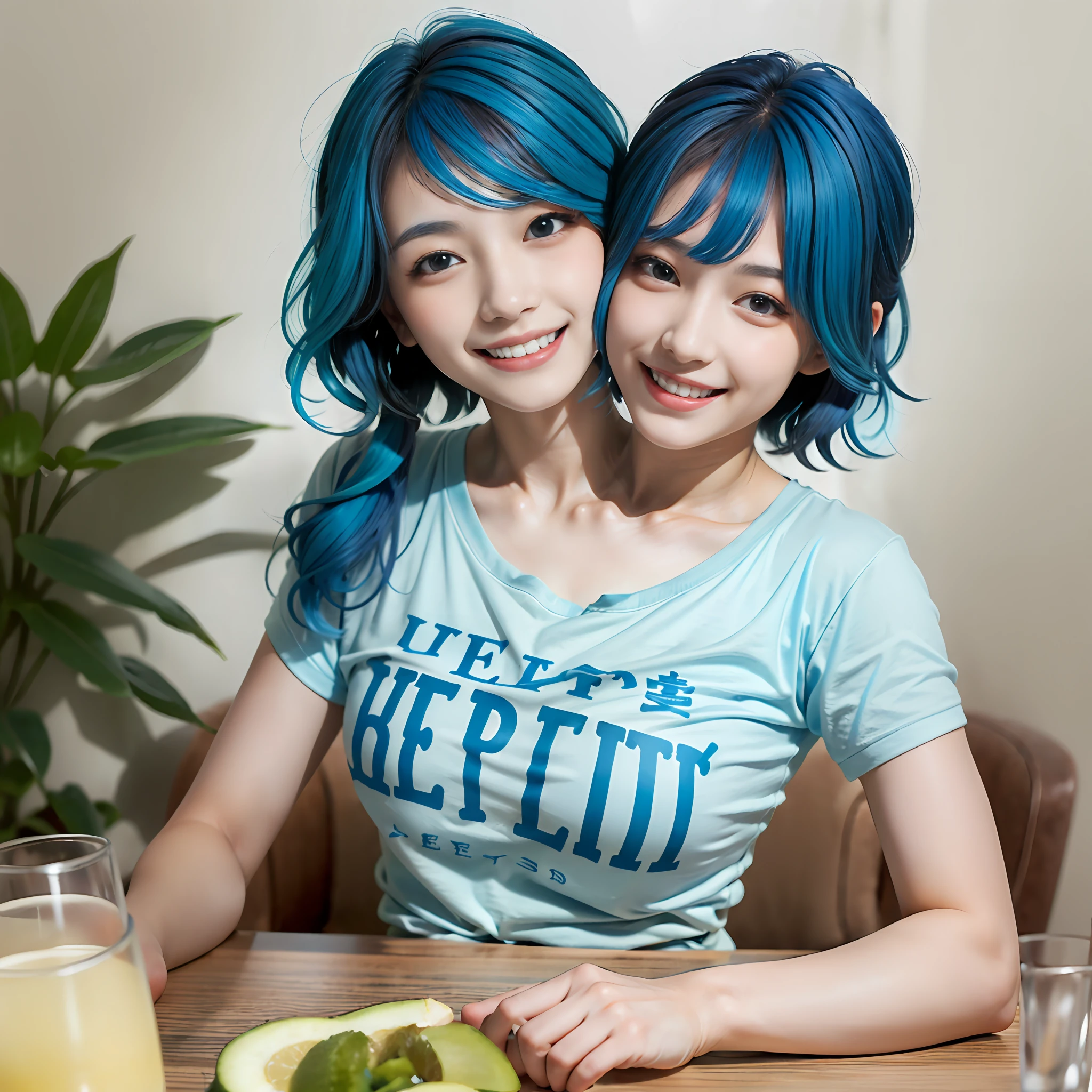 best quality, (2heads:1.5), 2 girls with two heads , red hair and blue hair, (different hair colors:1.4), bobcut, ponytail,(different haircuts:1.3) ,smiling, big t-shirt, (closeup), looking at viewer