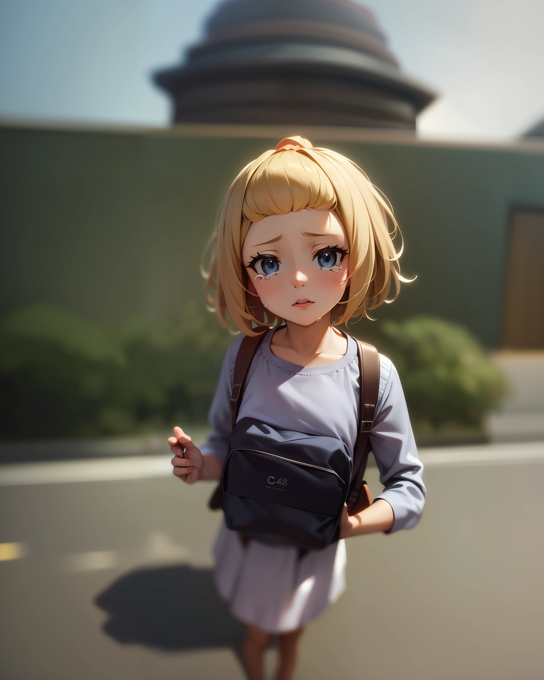 Anime girl with blue eyes and backpack standing in front of the mountain,kawaii realistic portrait,style of anime。8k,anime visual of a cute girl,Realistic anime 3 D style,anime realism style,anime style portrait,style of anime,Young anime girl,Cute Anime Girls,style of anime,Realistic anime art style,Anime style 4 K,animemanga girl,Sad,streaming tears