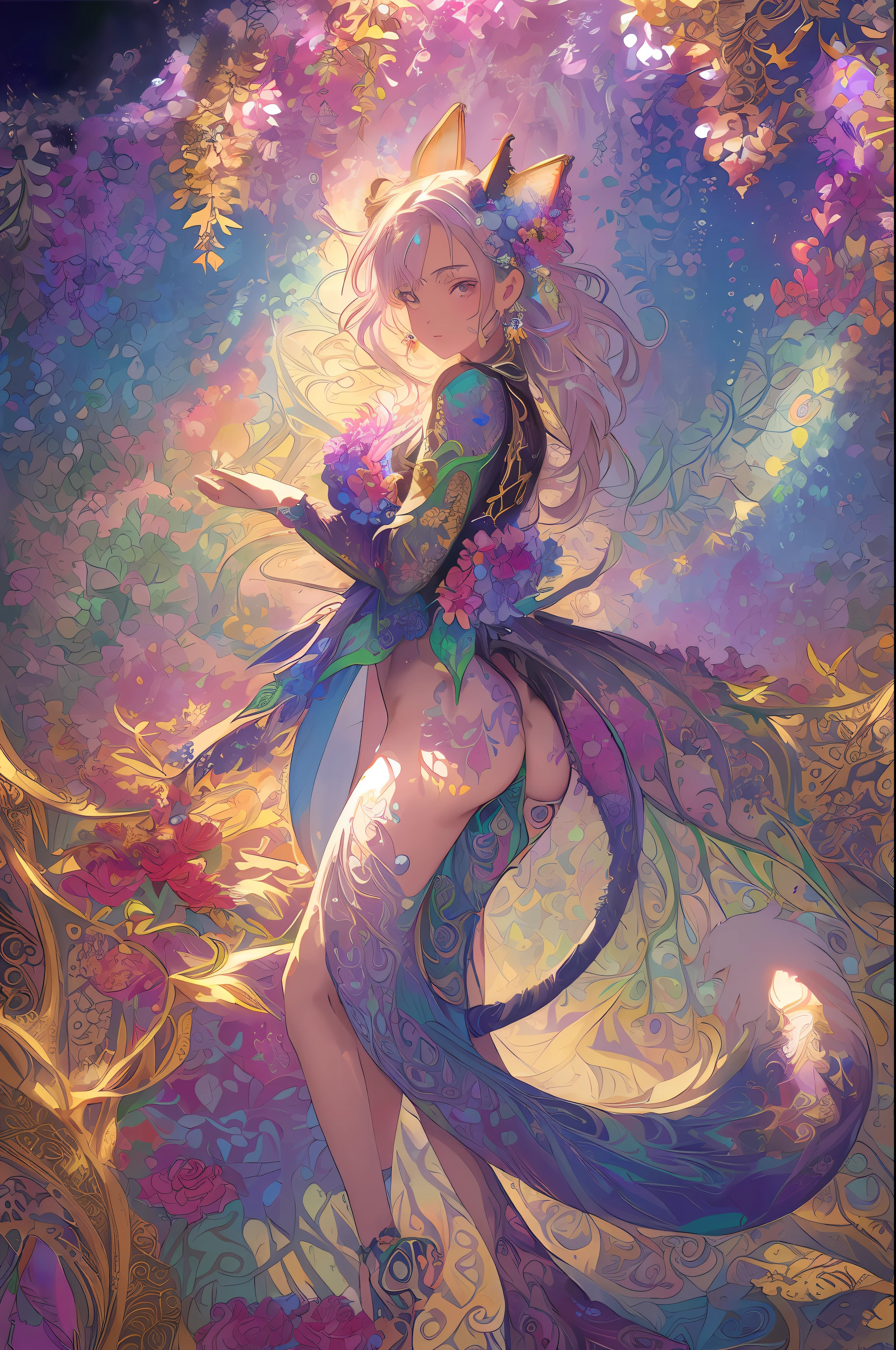(masterpiece,beautiful and aesthetic:1.2), (1girl:1.3), extremely detailed,(fractal art:1.1),(colorful:1.1)(flowers:1.3),highest detailed,(zentangle:1.2), (dynamic pose), (abstract background:1.3), (shiny skin), (many colors:1.4),(earrings), (tail of light :1.5),ivy frame,