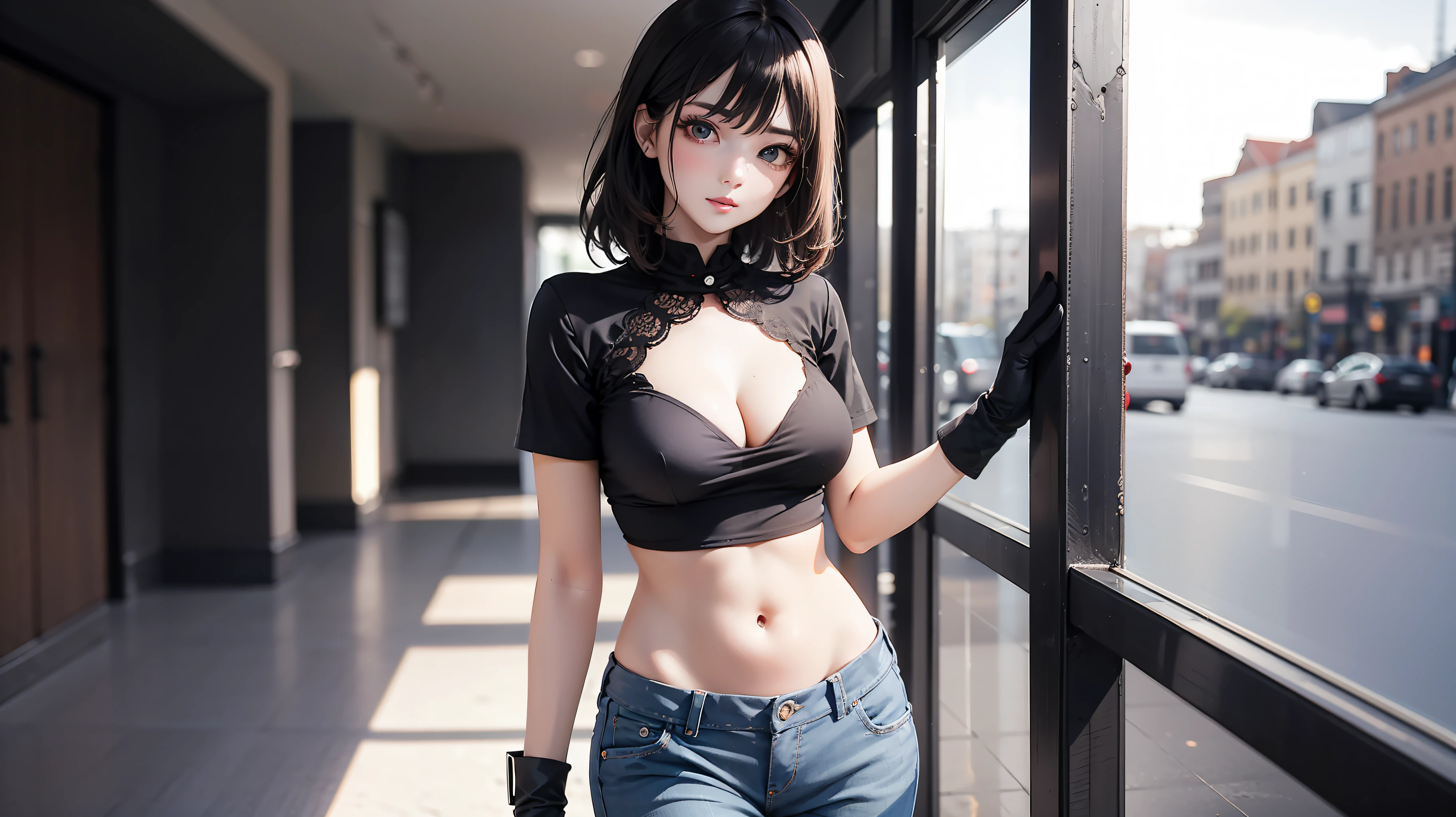Perfect model,underdressing,shorter pants,black in color,cleanness,a sexy pose,Ultra-clear photos,Low light and shadows,with black background,16:9,pretty eyes,
