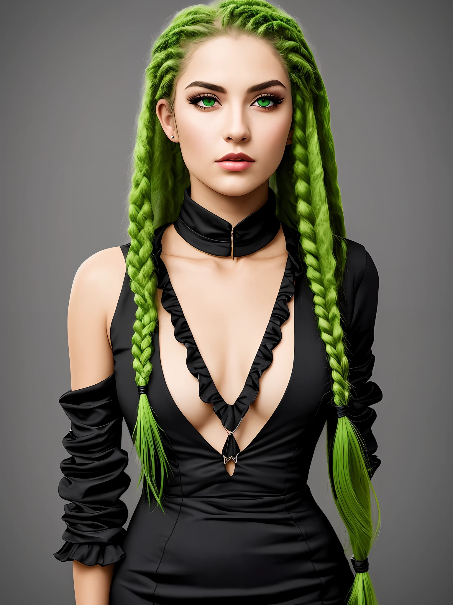 Adult female, musketeer, black eyes, black sexy dress, long braided hair, two cornrows hair, green hair, epic reality, 8K HD, surrealism, gun, green braided hair, white skin, green hair