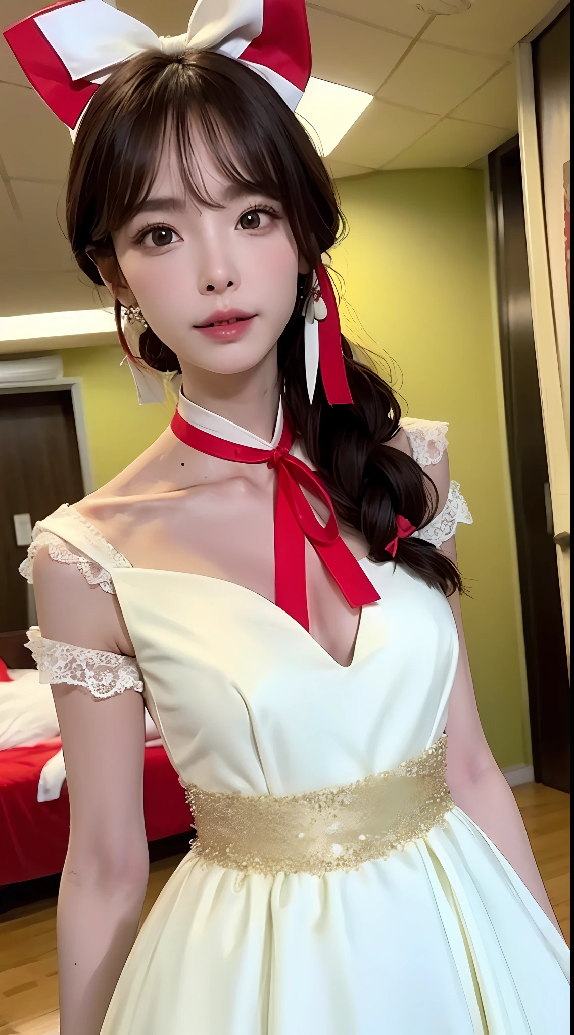 A woman in a white dress holds a fan，Around his neck hangs a red ribbon and a red and white fan（Delicate face）