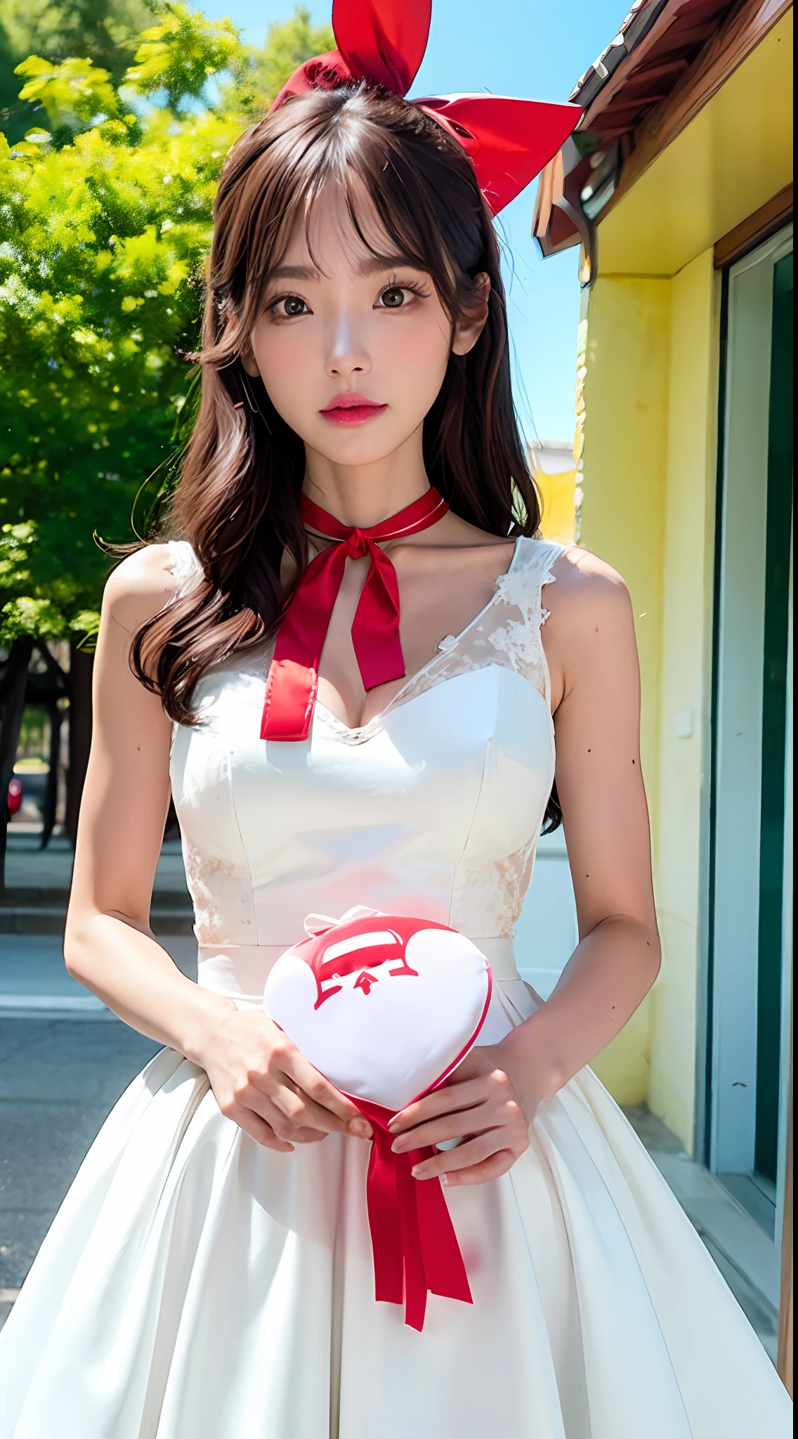 A woman in a white dress holds a fan,Around his neck hangs a red ribbon and a red and white fan(Delicate face)