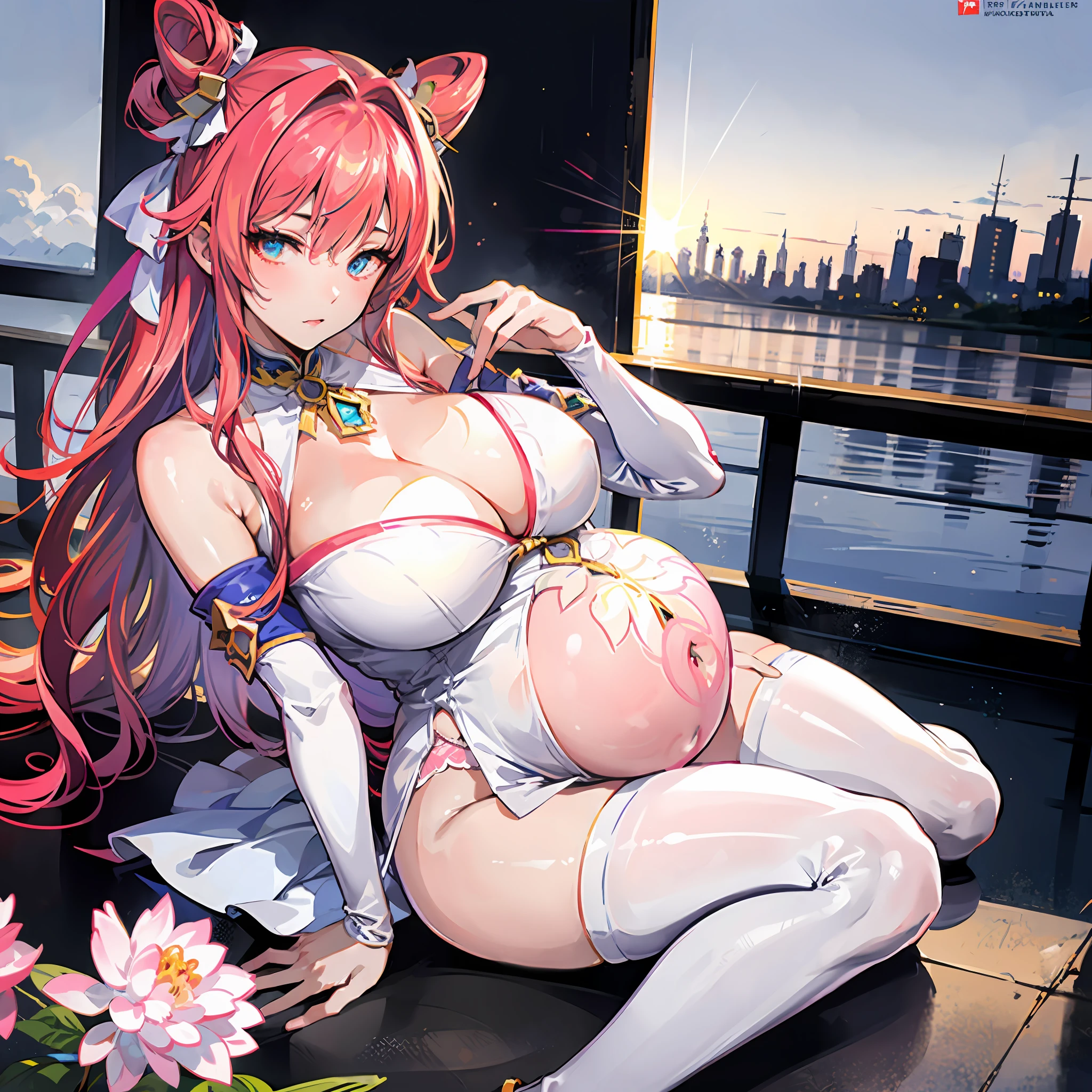 tmasterpiece, Best quality, (Detailed eyes and skin), ((Realistic)), , 1girll, Redhead_Hair, red colour_clothes, black_clothes, Blue_Eyes, Blue_sky, bblurry, bblurry_Background, bblurry_foreground, (modern_City:1.5), mediating_Breasts, Exercise_bblurry,photore_\(curly\),long whitr hair,Skysky,独奏,Full body body,Pregnant belly,Beth,Showing the belly,youthfulenergy,18-year-old girl,adolable,Two-dimensional painting style,Pregnant women with,Best quality, 8K, High quality,, hair adornments, cone hair bun, Long hair, double bun hair, bangs, bow, maid headdress, upper legs, Stockings, white thighhighs, cleavage cutout, Face focus, Close up, (Heart-shaped pupils:0.9), (Blush:0.65), (1girll, Solo:1.4), Cityscape, Blue sky, Bright sky, Sunny, holding flower, Large breasts, Detailed background, Detailed clouds,Pregnant belly,Two-dimensional painting style,(Masterpiece), Best quality, Fine details, Highest picture quality, Masterpiece,exquisite CG,1girll,Closed mouth,Brown eyes,Long hair,bangs,Bare shoulders, cleavage,(Big breasts:1.4),Bare arms,navel,Lace,a garter belt,Thighs,,White pantyhose,water,hyper pregnant,Girl,SushangV4,Yae,SideBraid,