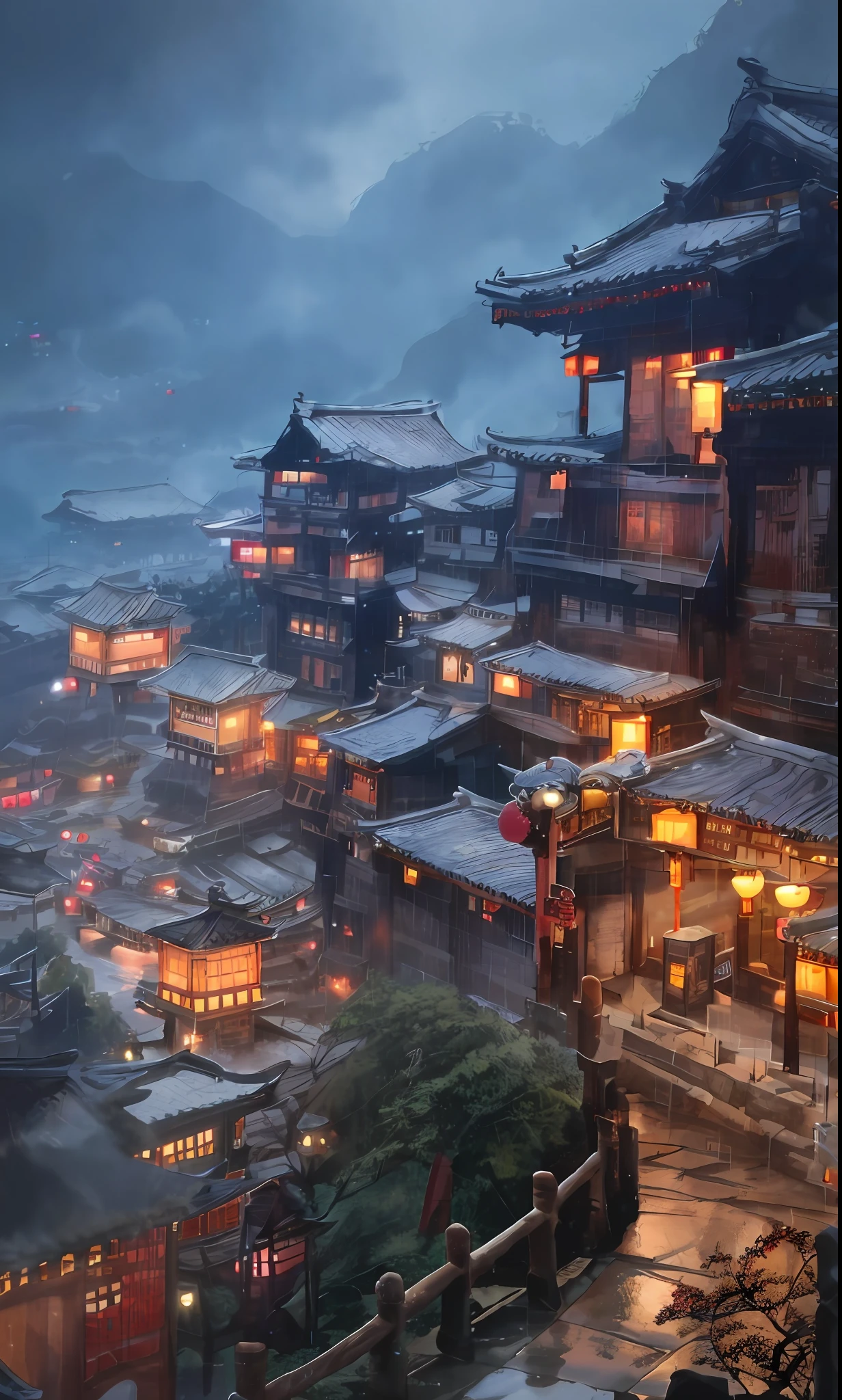 An arafed view of a village on a cloud,a lot of lights on the buildings,dreamy Chinese towns,Chinese Village,amazing wallpapers,A Japanese town,Japanese village,surreal photo of a small town,old asian village,Japan city,Raymond Han,rainy evening, Cyberpunk ancient Chinese castle, Well-lit building, In the evening in the rain, Beautiful and aesthetic, photography of, cinematic ligh, 8k, high detal ((very heavy rain)))
