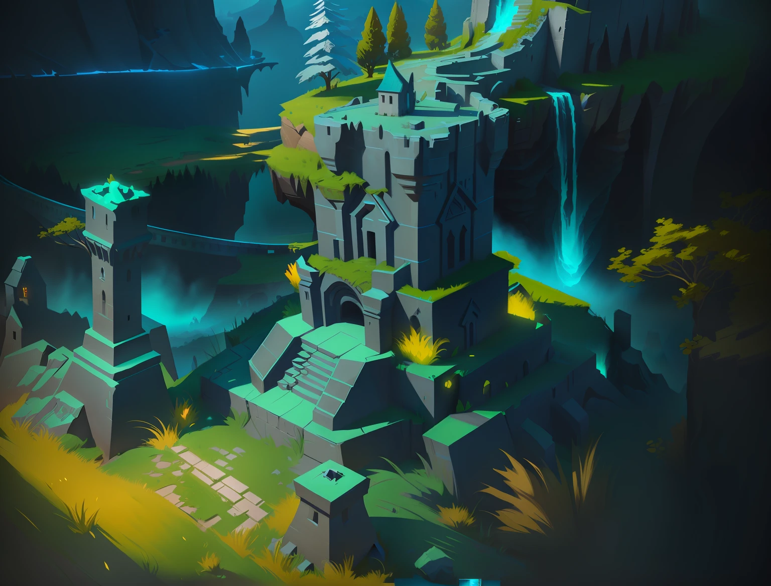 Close up of digital painting of castle on the hill, Stylized concept art, Stylized game art, Unreal Engine Digital Painting, 3 d render stylized, painted as a game concept art, indie game concept art, concept art style, stylized 3d render, Riot game concept art, ruins landscape, League of Legends concept art, andreas rocha style