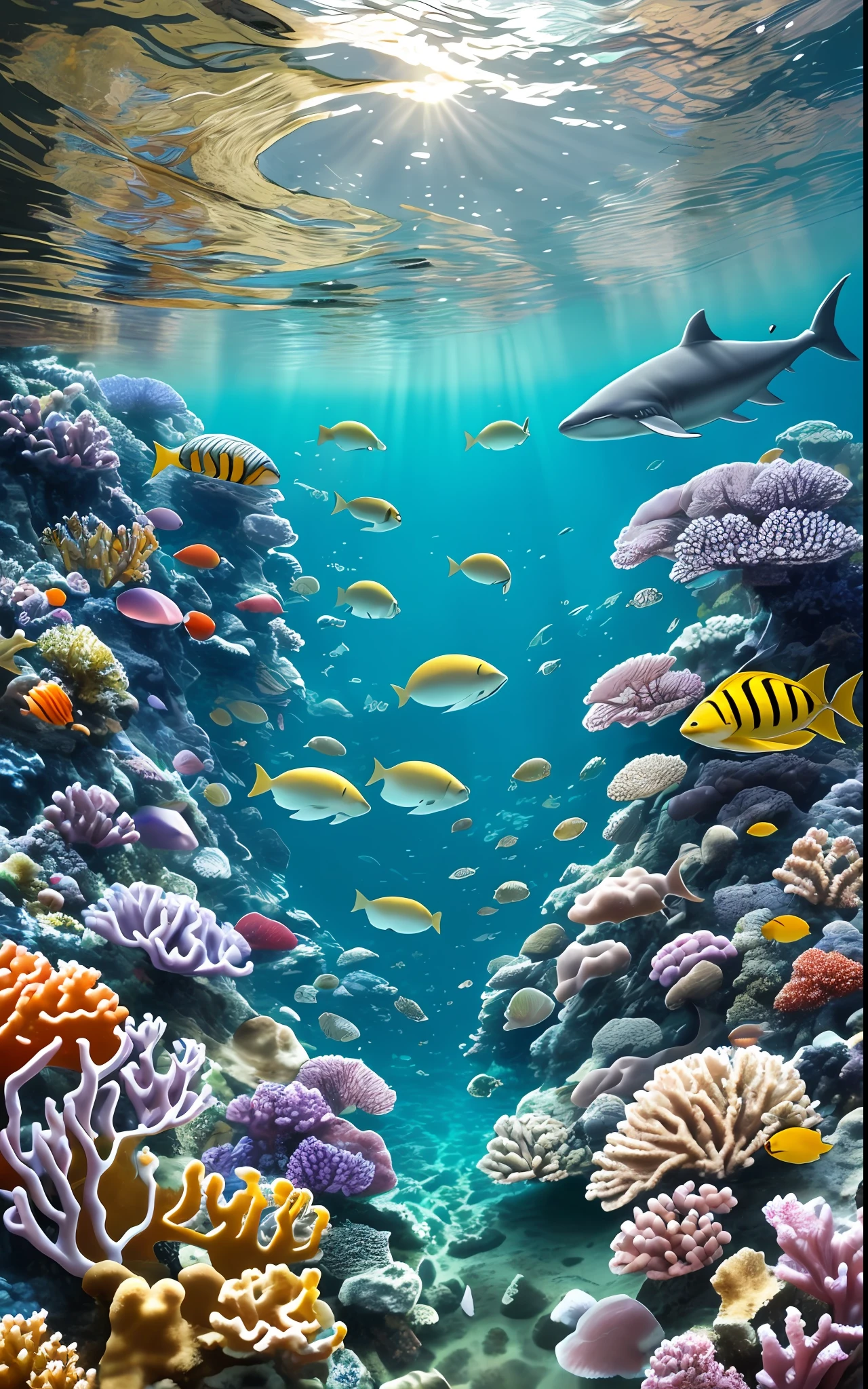 The moon as seen from the bottom of the sea， the night， Eau， nightlight， Fish shadow，ocean floor，Marine life，Beautiful coral reef，Corals of all colors and shapes，Colorful fish，fish flocks，Marine fish，the shark，Dive into the depths of the azure sea，
Explore the mysterious underwater world like a dream。
Over here，Painted Reef rises，
Splendid schools of fish dance。

The coral reef unfolds in a colorful way，
Like an incomparable palace。
Seaweed snuggles in it，
Sway gently，Like a dancer。

The treasures of the world lie quietly，
The shells shimmered with a fantastic light。
Jellyfish are like brilliant works of art，
Soft and flowing，Charming and peaceful。

Turtles move slowly in the city，
Faithfully guarding the secrets of the ocean。
Whales sing in the distance，
The tune echoes，Gentle and majestic。

The ocean universe is boundless，
Even in the depths of darkness。
But under the starlight casting，
Everything is clearly visible，Authentic and pure。

Let's dive into the embrace of the ocean，
Immerse yourself in a magical underwater world。
Feel the endless tranquility，
Be with nature，Thoughts fly。